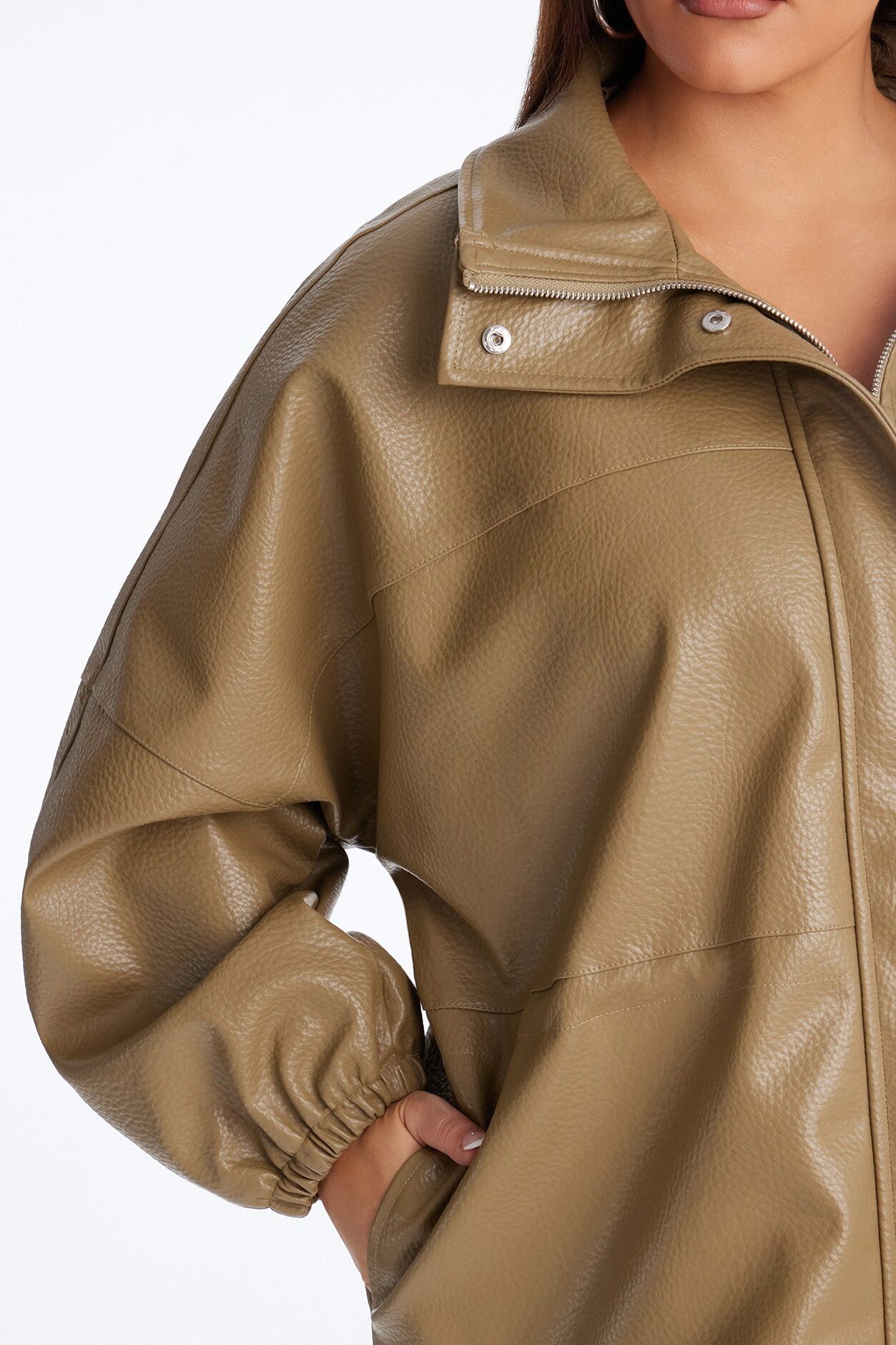 Effortless Funnel Neck Faux Leather Anorak - Olive