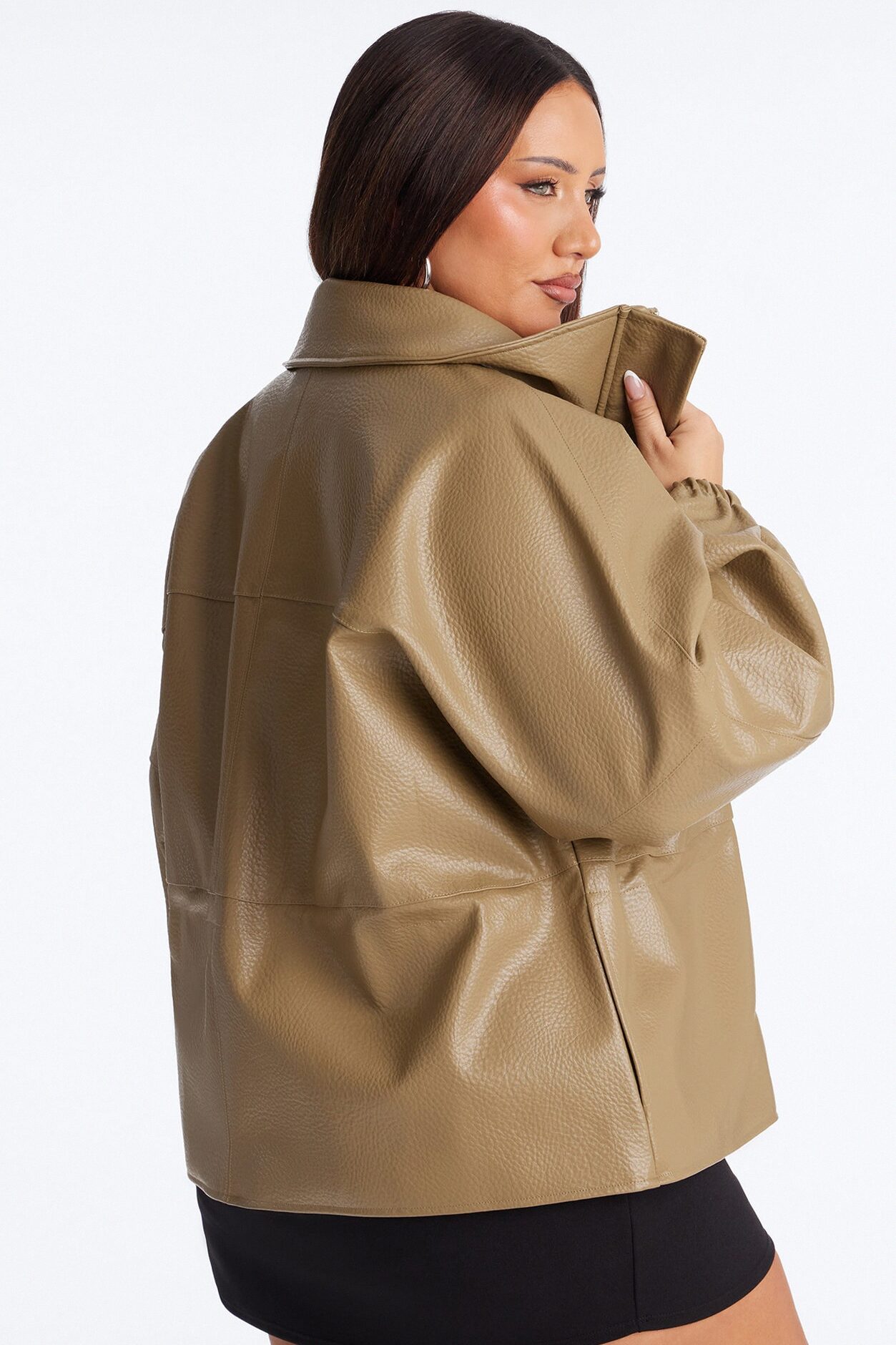 Effortless Funnel Neck Faux Leather Anorak - Olive