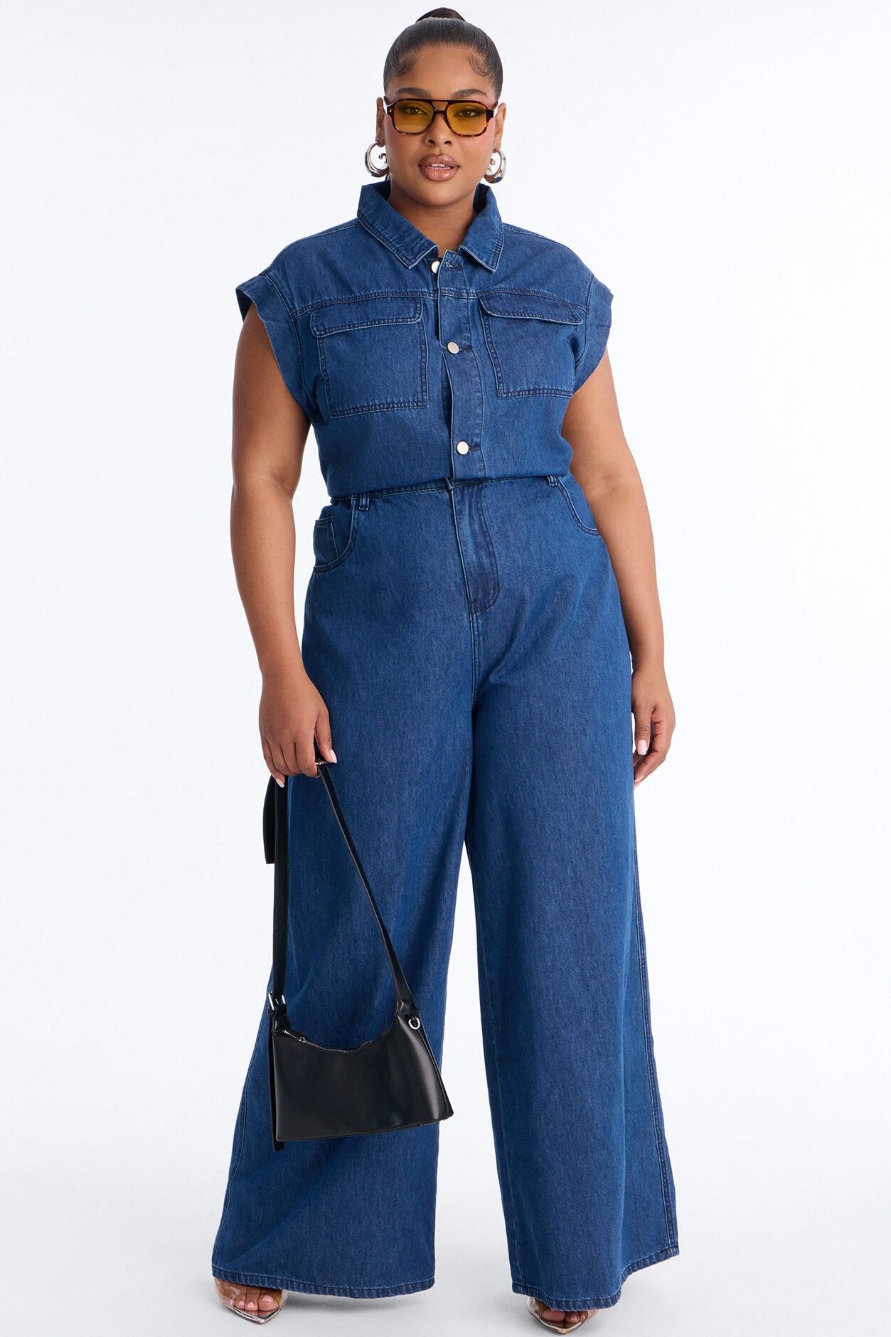 Jelina Denim Collar Wide Leg Jumpsuit - Medium Wash