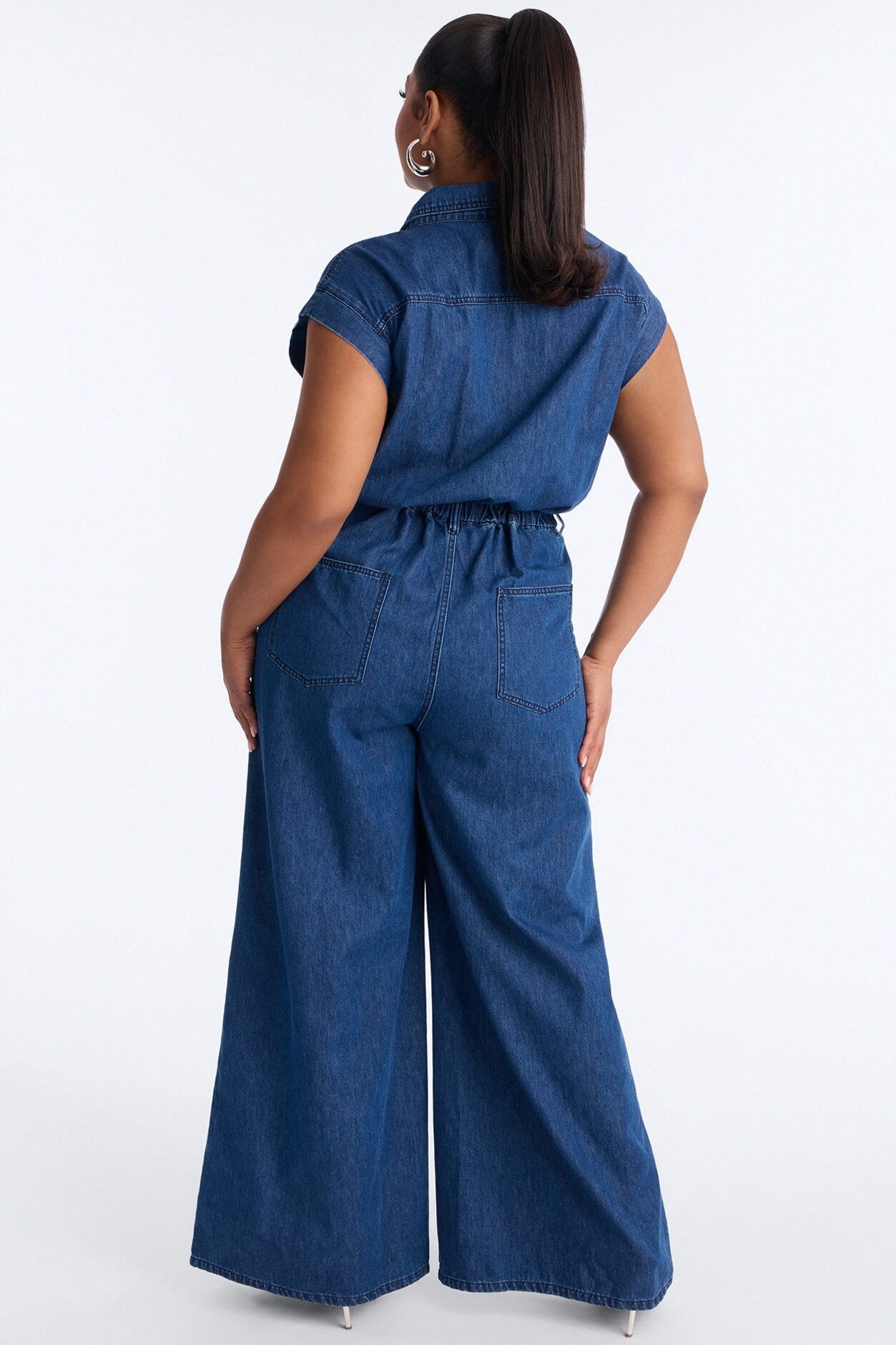 Jelina Denim Collar Wide Leg Jumpsuit - Medium Wash