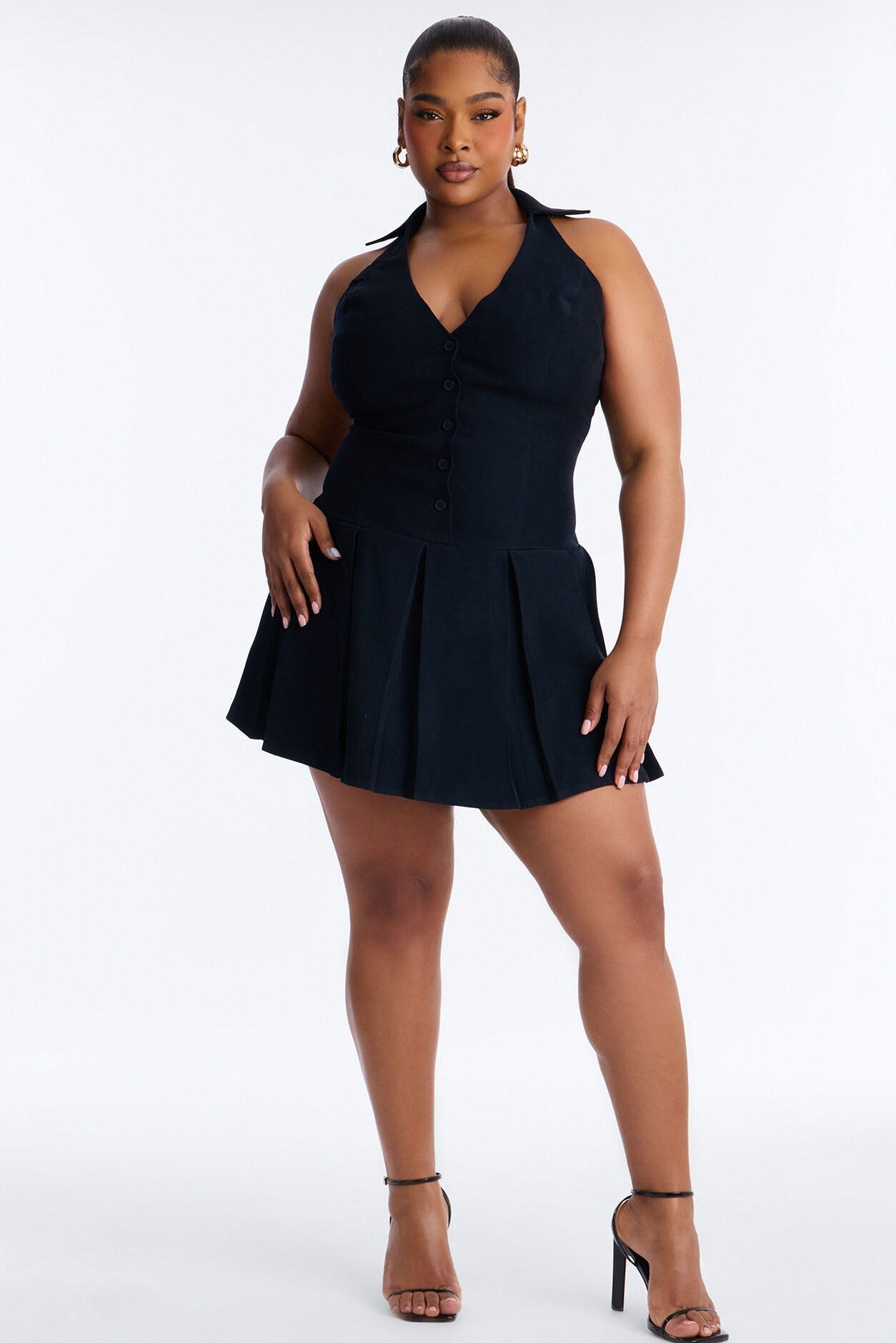 Aliza Button Up Halter Mini Dress - Navy