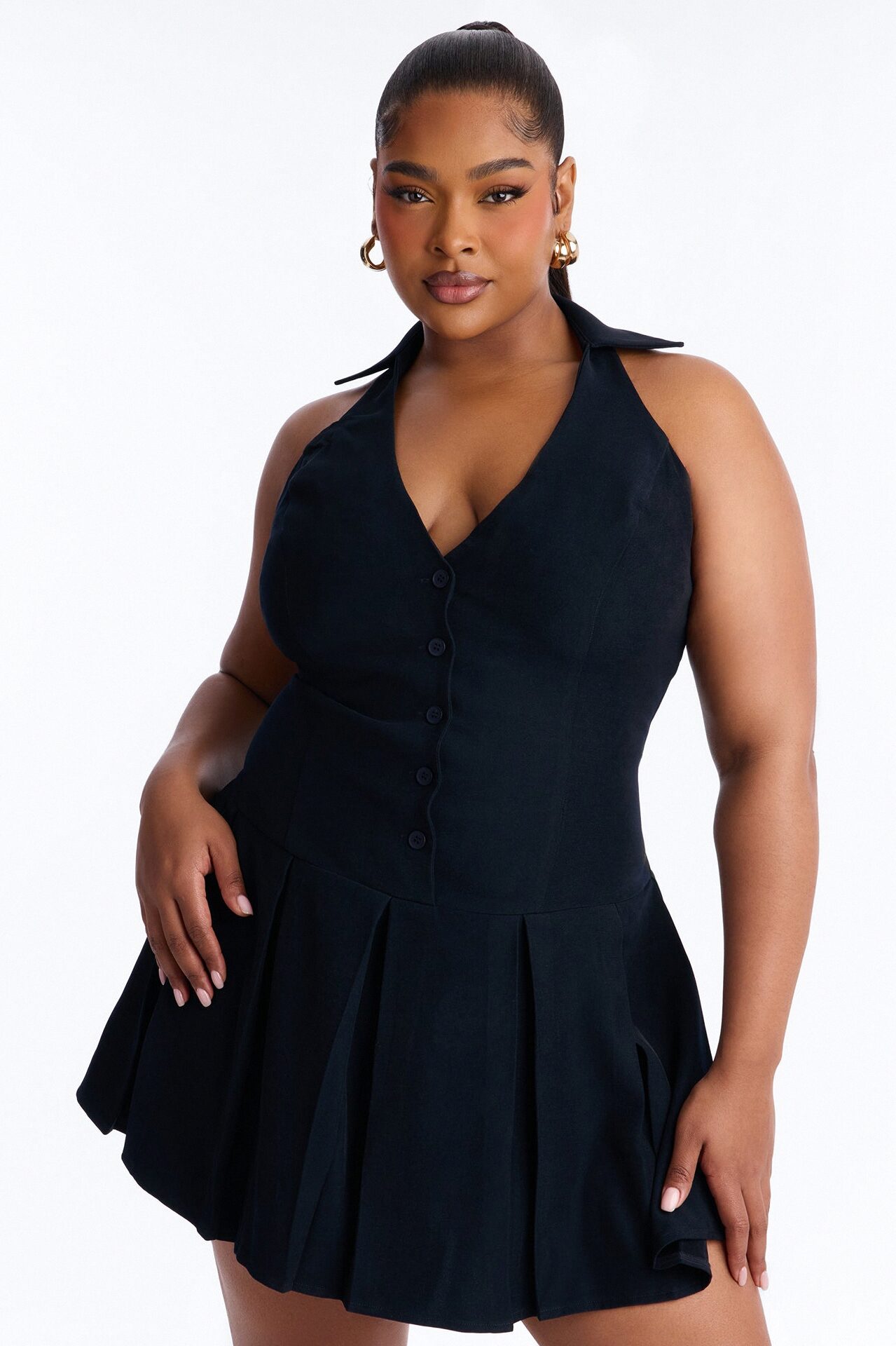 Aliza Button Up Halter Mini Dress - Navy
