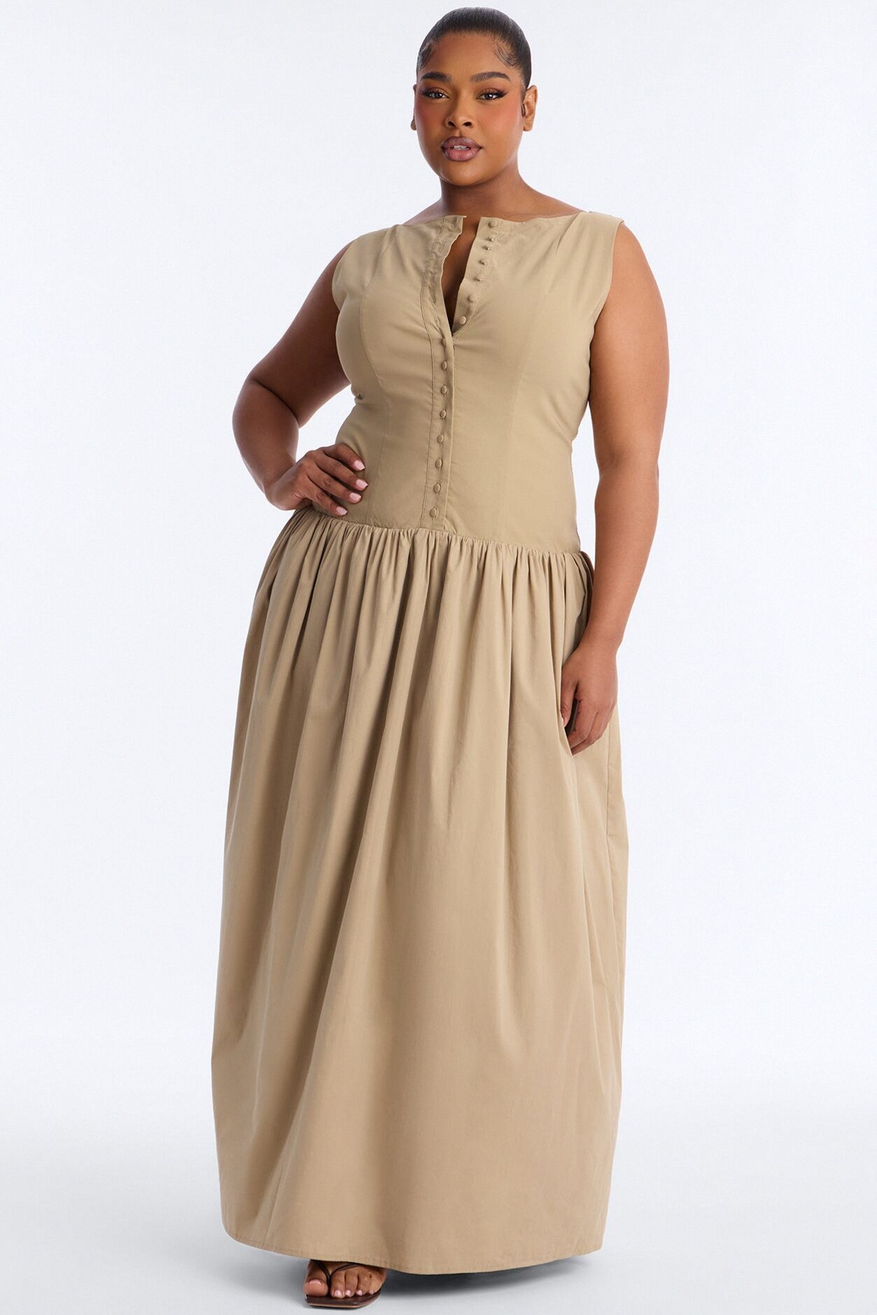 Everly Drop Waist Button Up Maxi Dress - Taupe