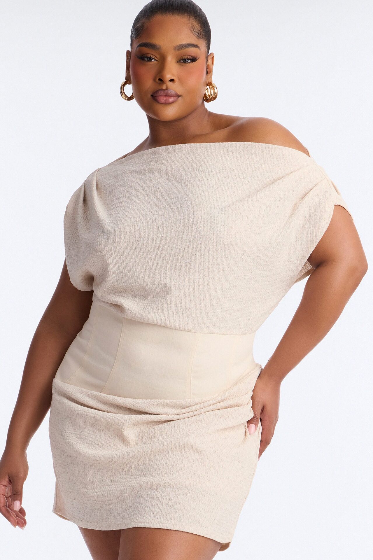 Evianna Short Sleeve Textured Mini Dress - Oatmeal