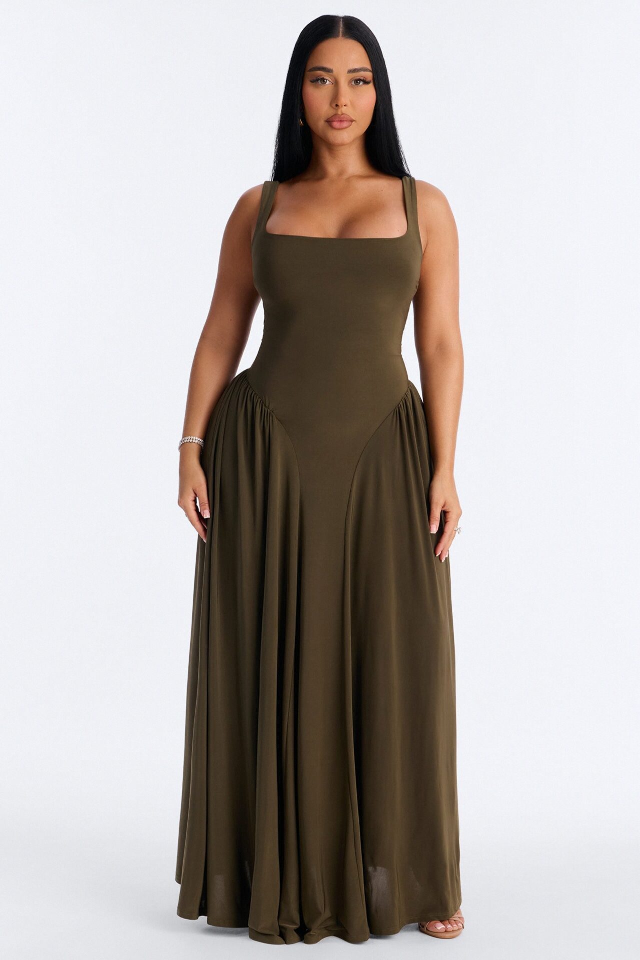 Jaclyn Drop Waist Pleated Maxi Dress - Olive