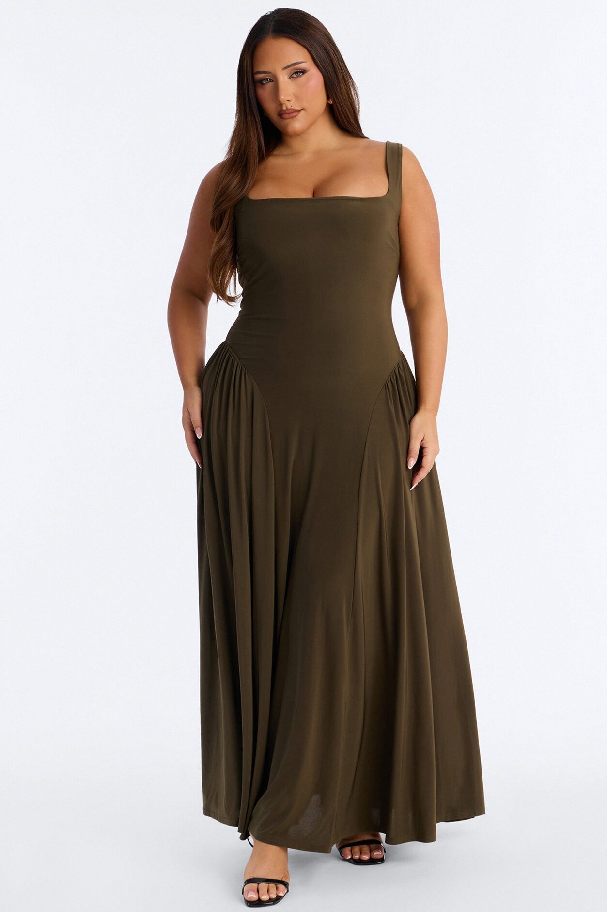 Jaclyn Drop Waist Pleated Maxi Dress - Olive
