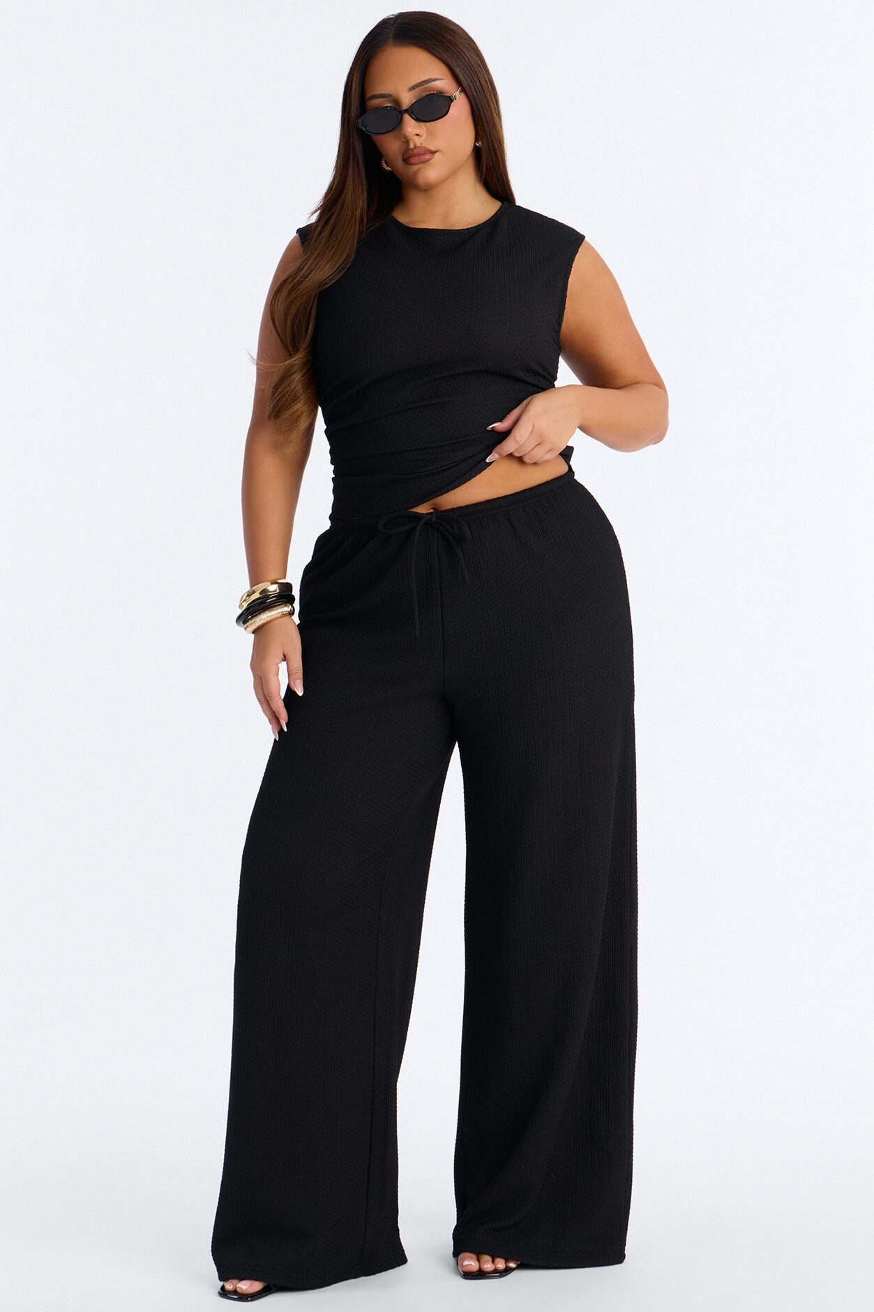 Kehlani High Neck Textured Pant Set - Black