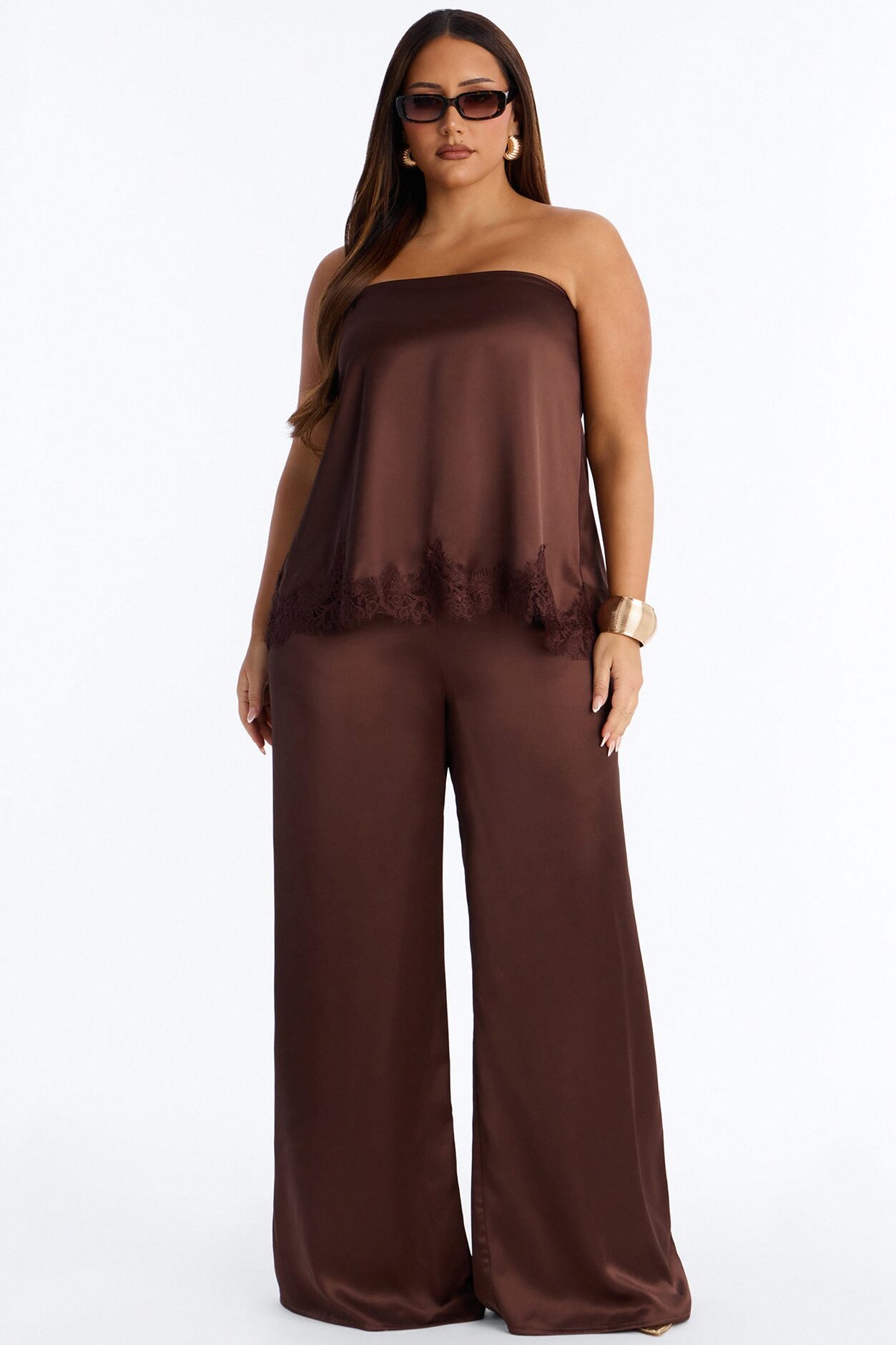 Kierra Satin Strapless Wide Leg Jumpsuit - Chocolate