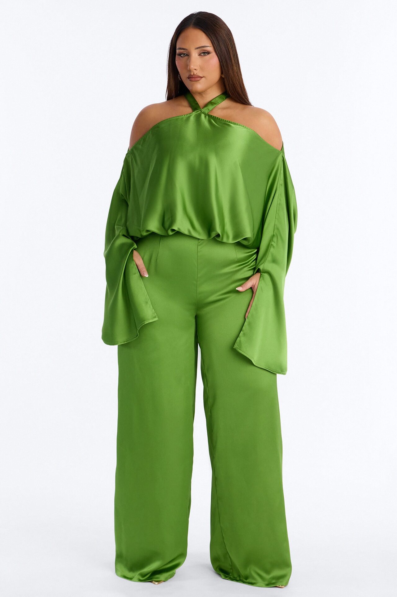 Oleena Satin Open Shoulder Jumpsuit - Green