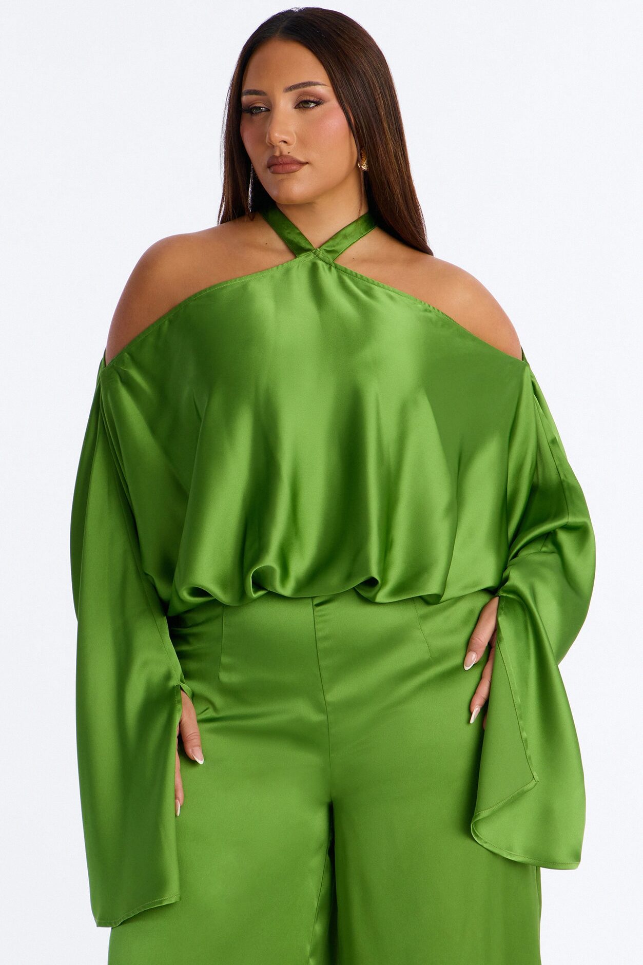 Oleena Satin Open Shoulder Jumpsuit - Green