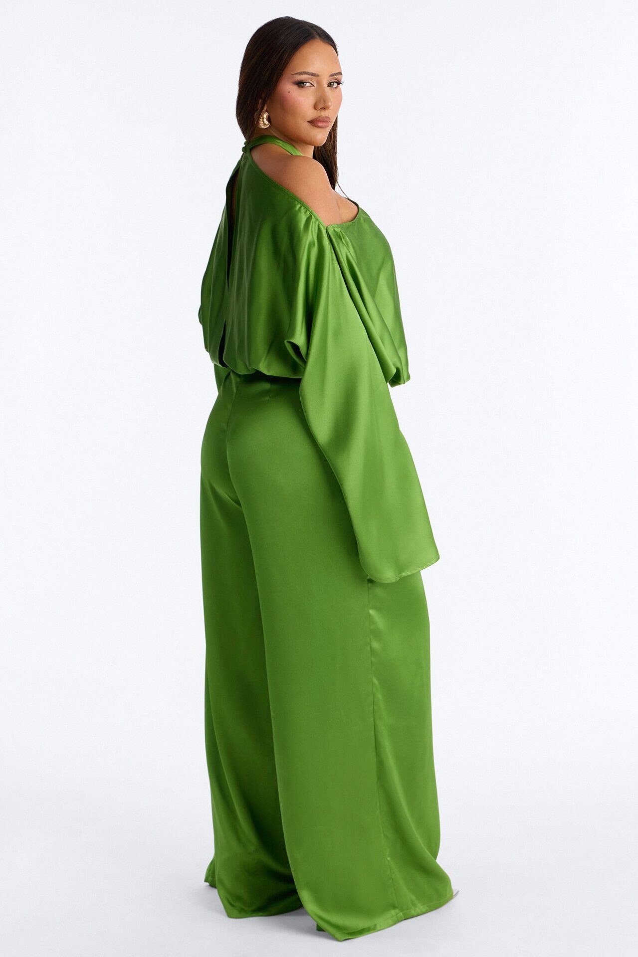Oleena Satin Open Shoulder Jumpsuit - Green