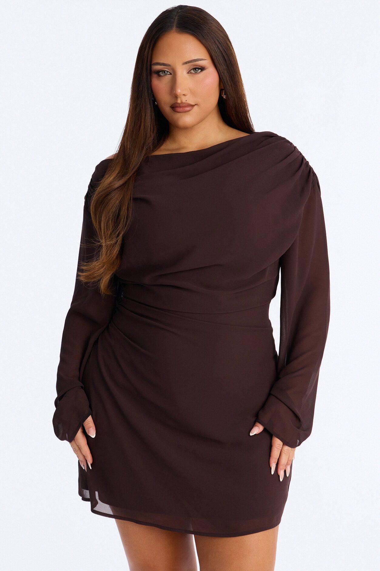 Kennedy Long Sleeve Chiffon Mini Dress - Chocolate