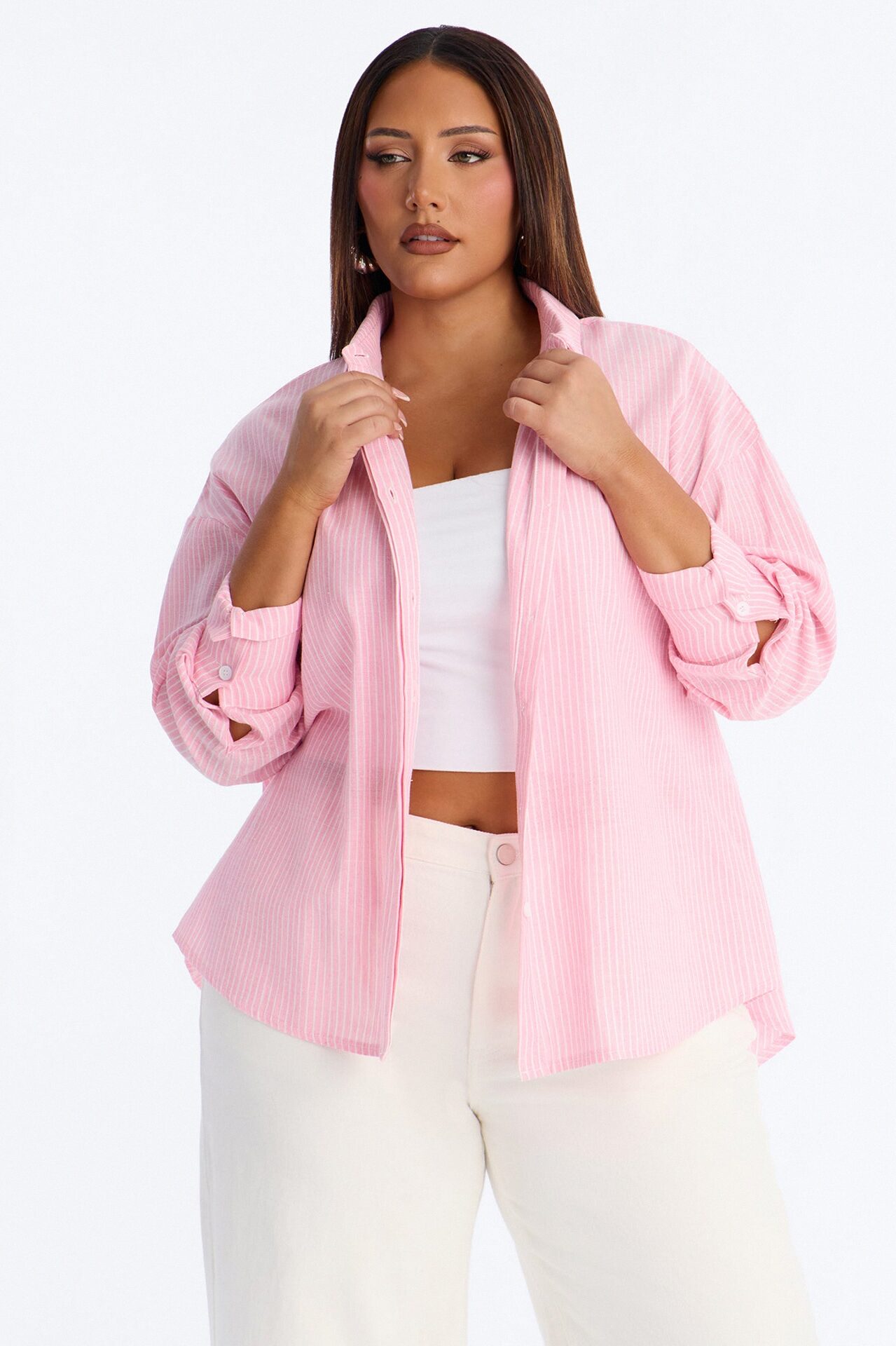 Kaia Tie Back Oversized Striped Linen Shirt - Pink/combo