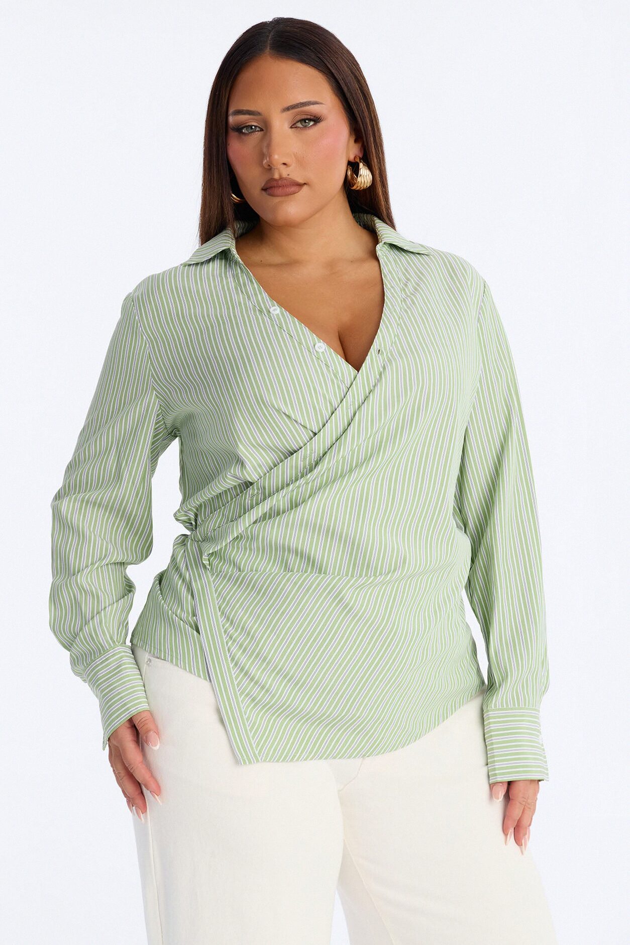 Savanna Wrap Over Striped Poplin Shirt - Green/combo