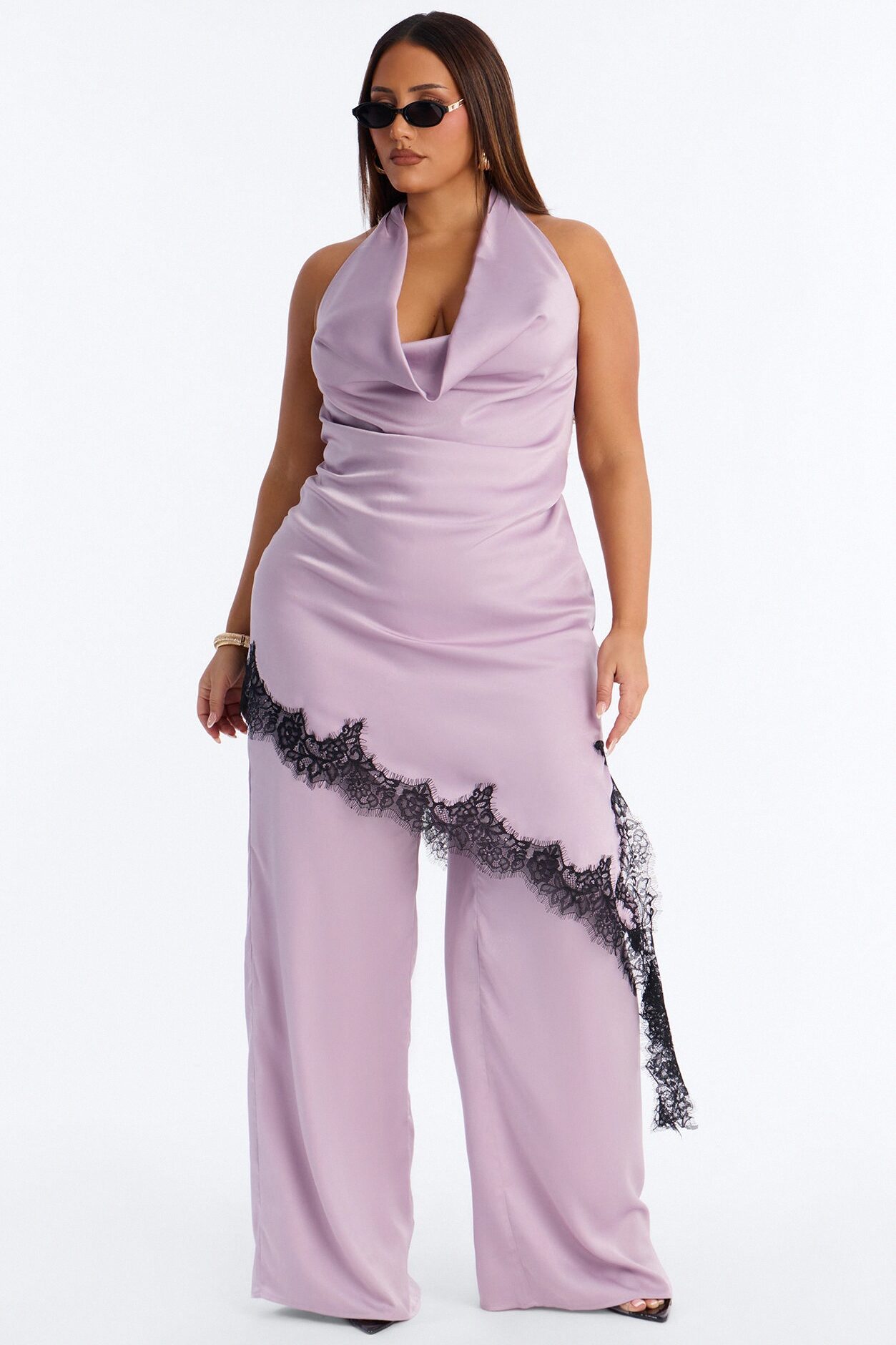 Ariana Asymetrical Lace Trim Satin Jumpsuit - Lavender