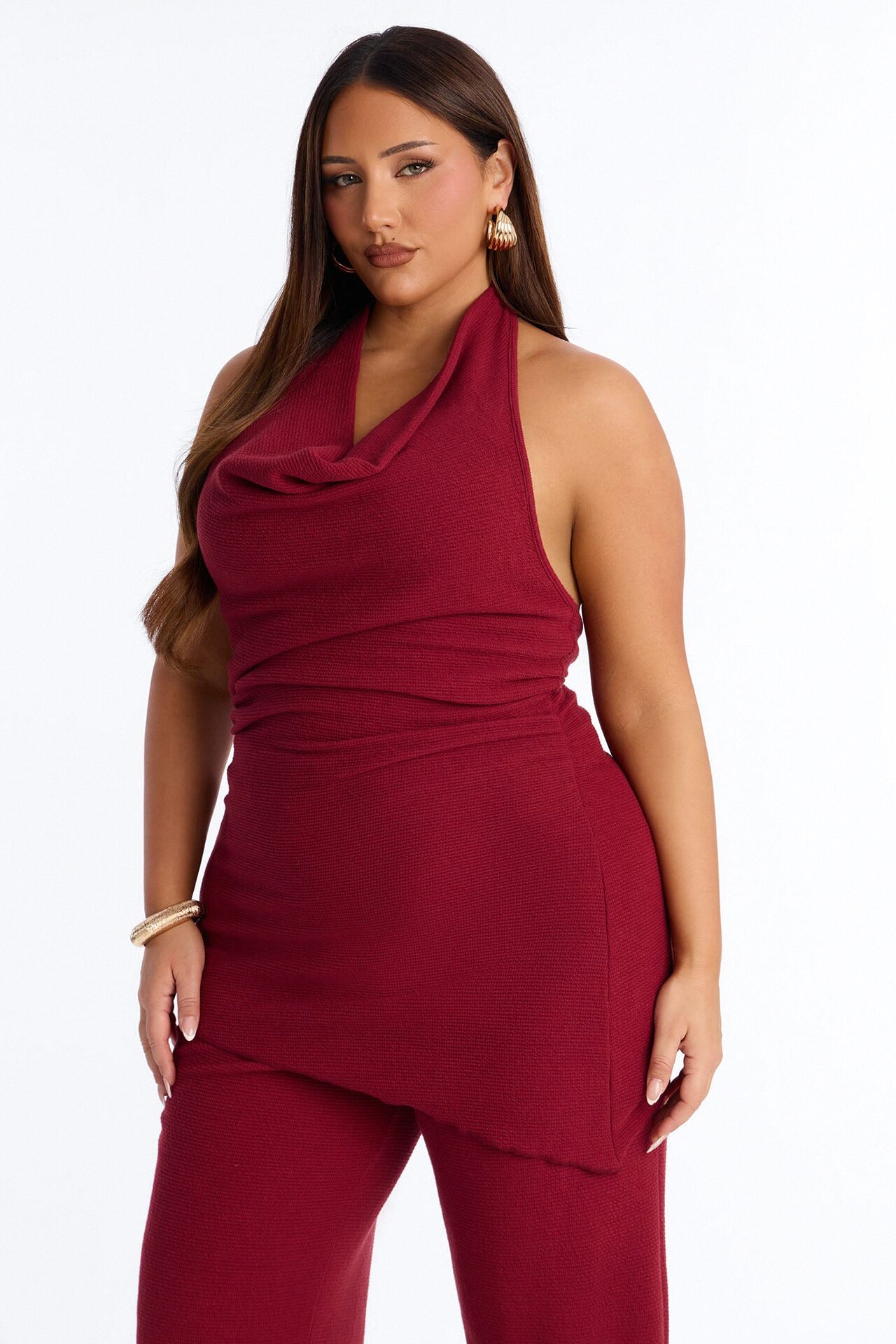 Amaya Asymmetrical Halter Pant Set - Wine
