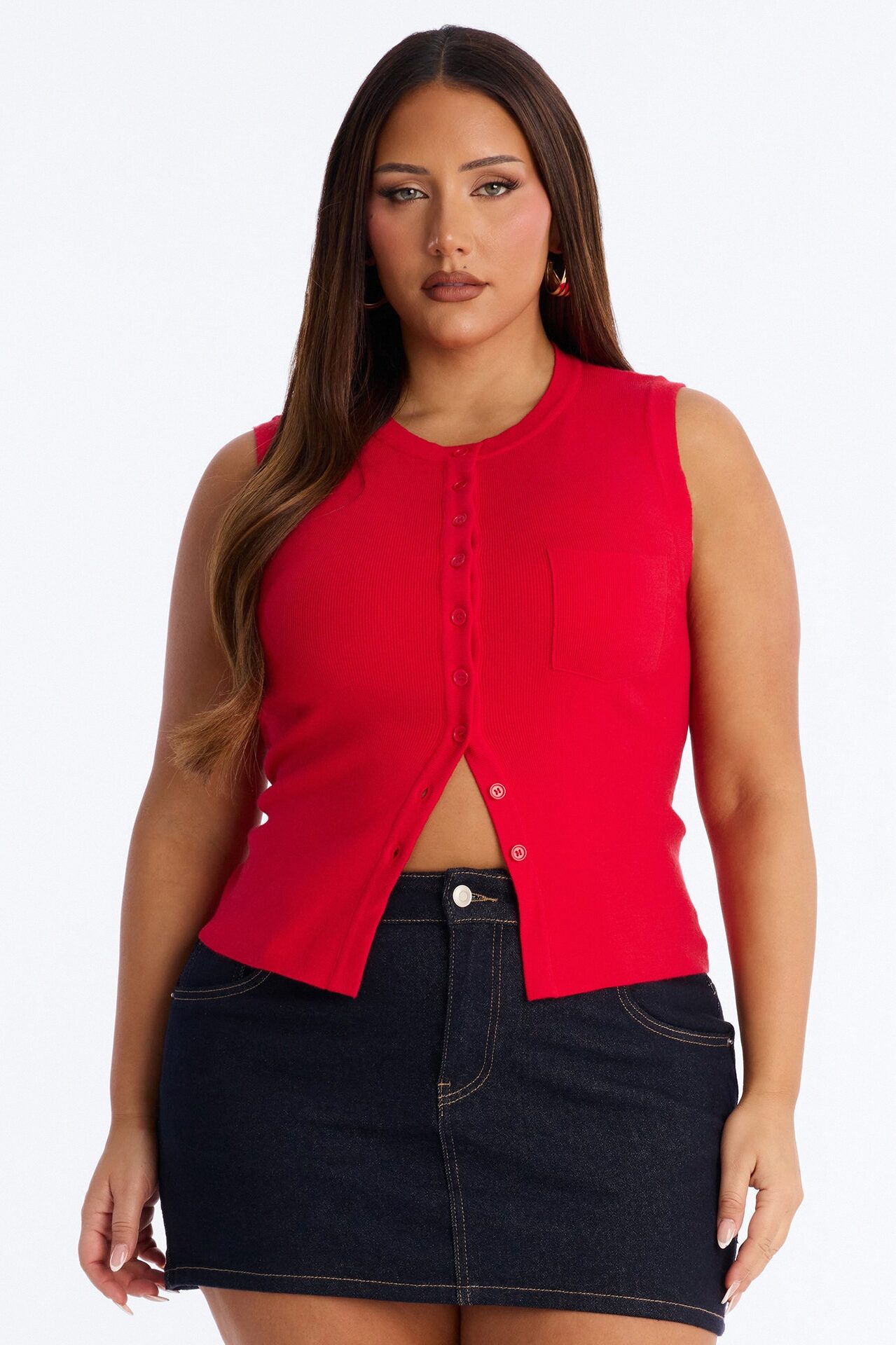 Leona Button Up Sweater Top - Red
