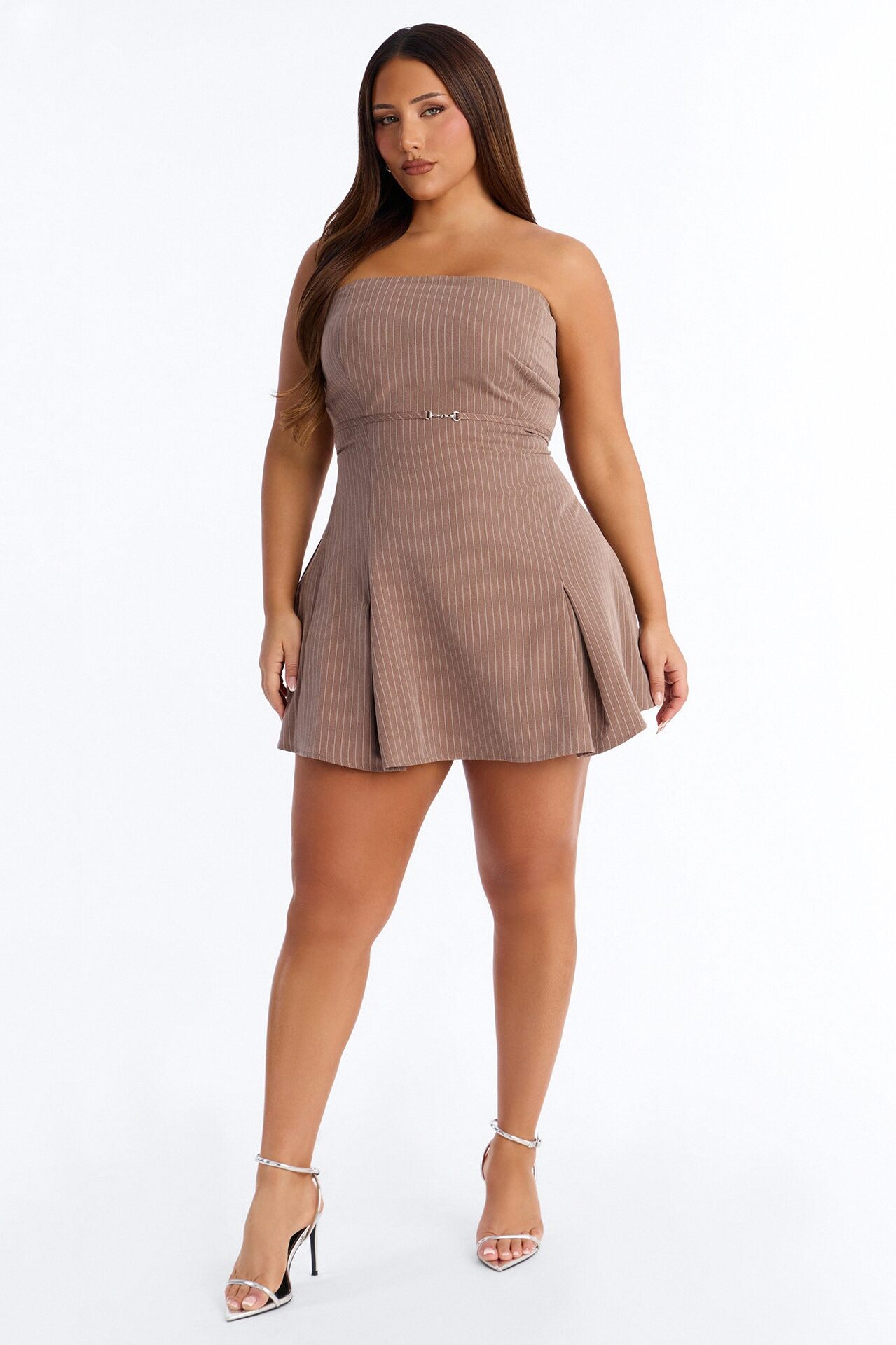 High Priority Strapless Pinstripe Mini Dress - Taupe
