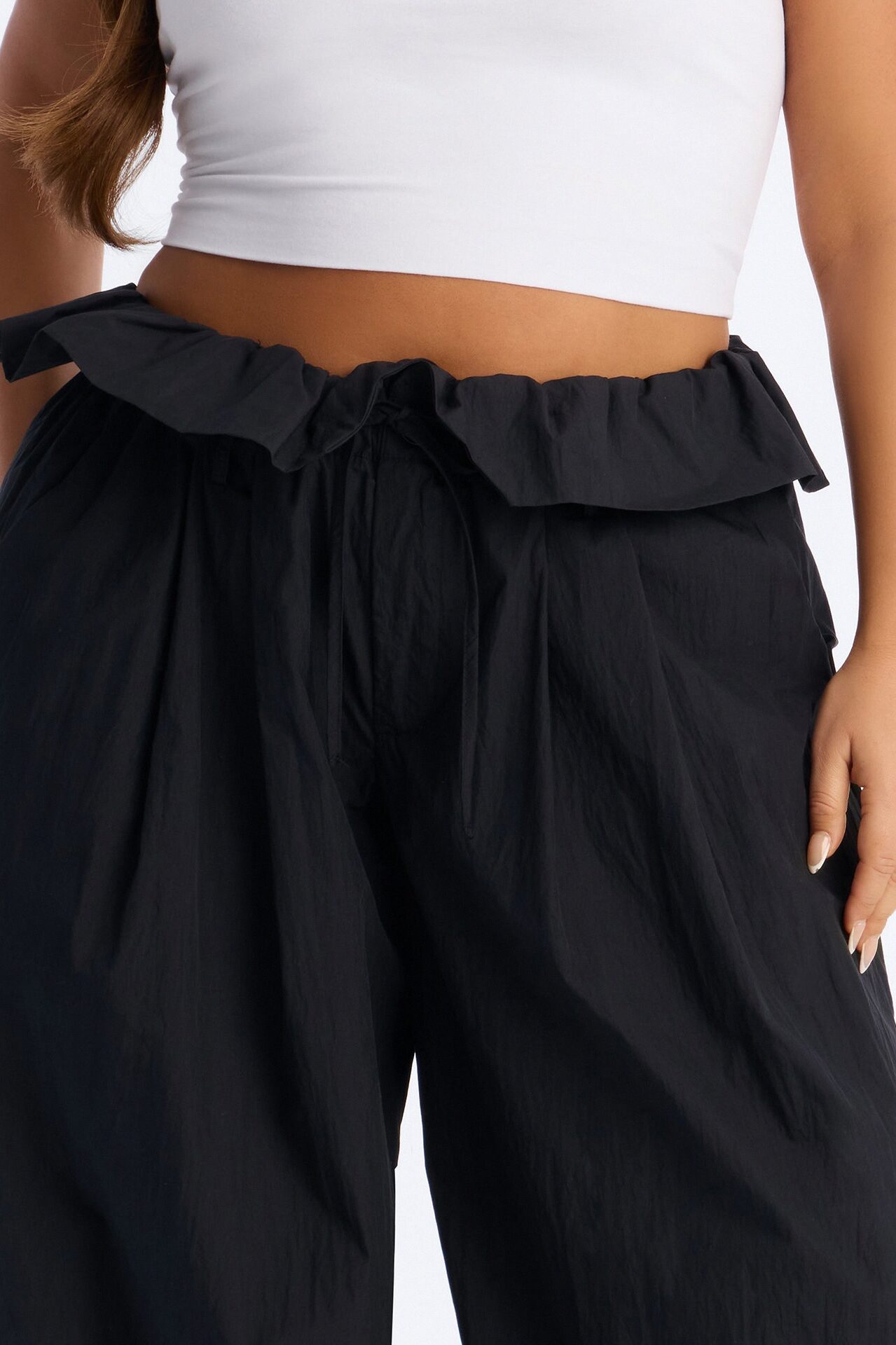 All Strings Attached Fold Over Waist Windbreaker Pant 33″ - Black