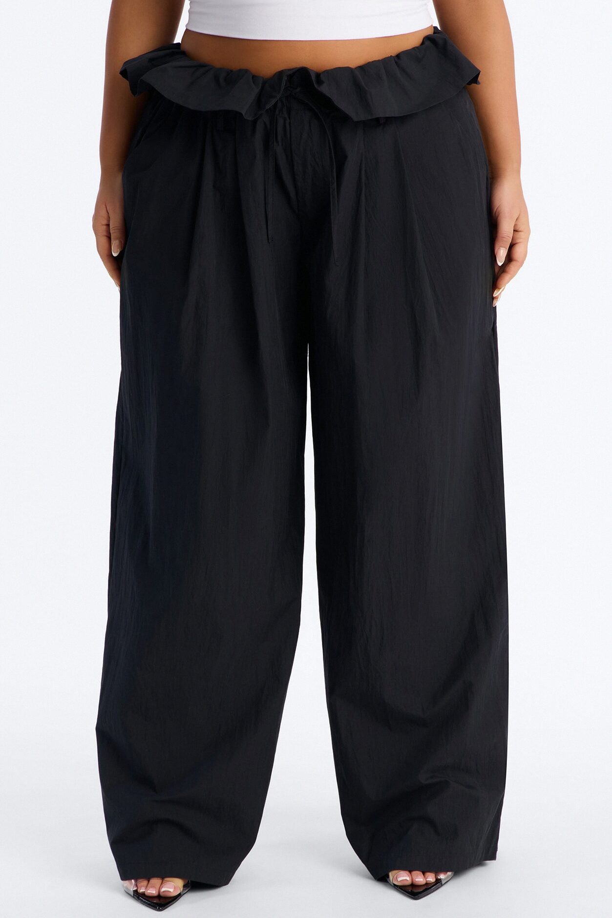 All Strings Attached Fold Over Waist Windbreaker Pant 33″ - Black