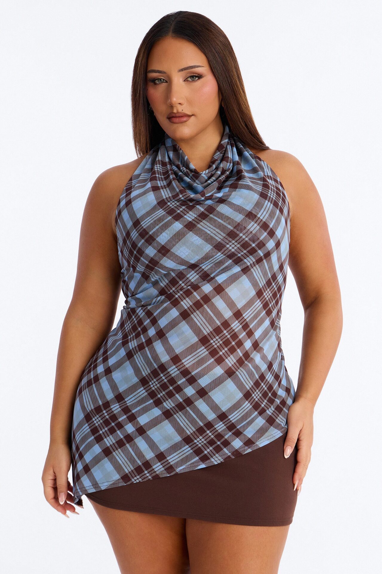 Frankie Plaid Mesh Asymmetrical Cowl Neck Halter Top - Brown/combo