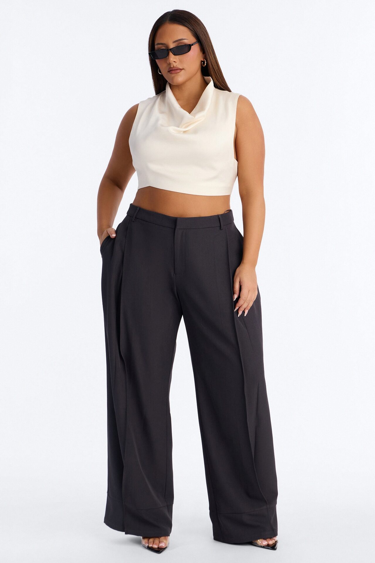 Anya Double Side Pleat Button Hem Trouser 33″ - Charcoal