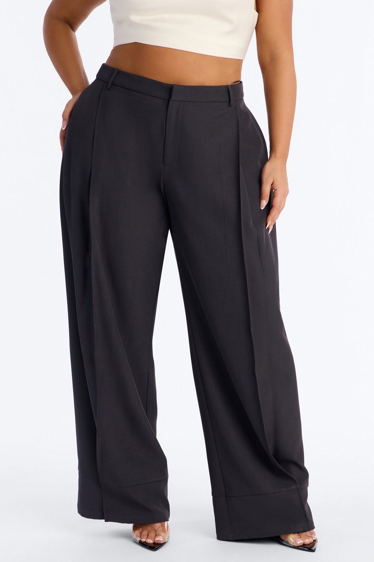 Anya Double Side Pleat Button Hem Trouser 33″ - Charcoal