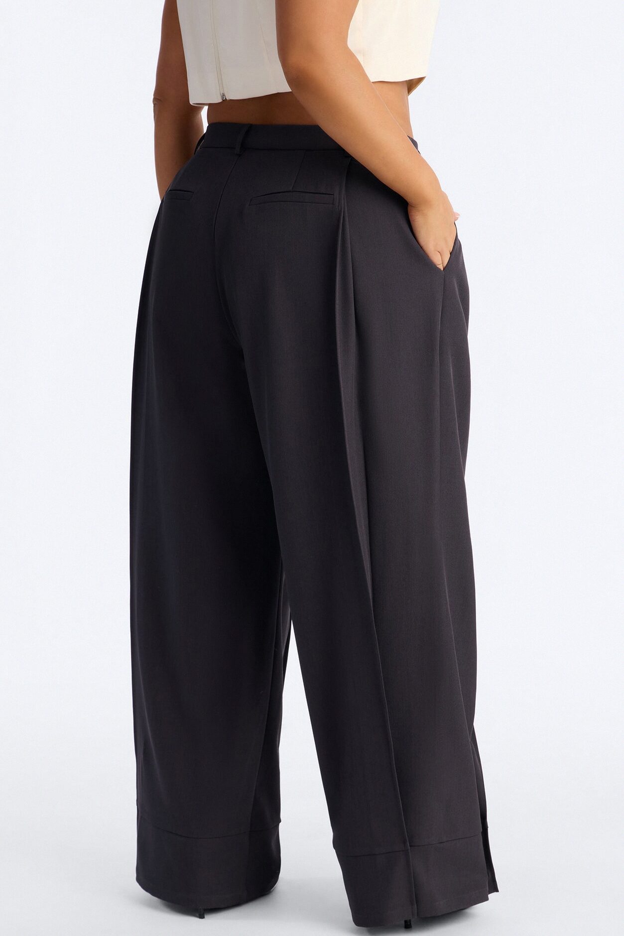 Anya Double Side Pleat Button Hem Trouser 33″ - Charcoal