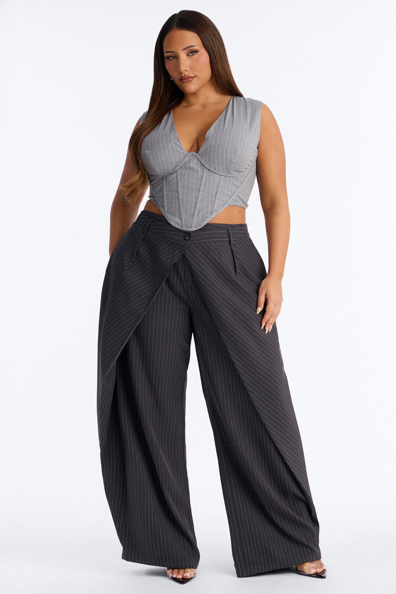 Margaret Mid Rise Wide Leg Front Wrap Trouser Pant 33″ - Charcoal