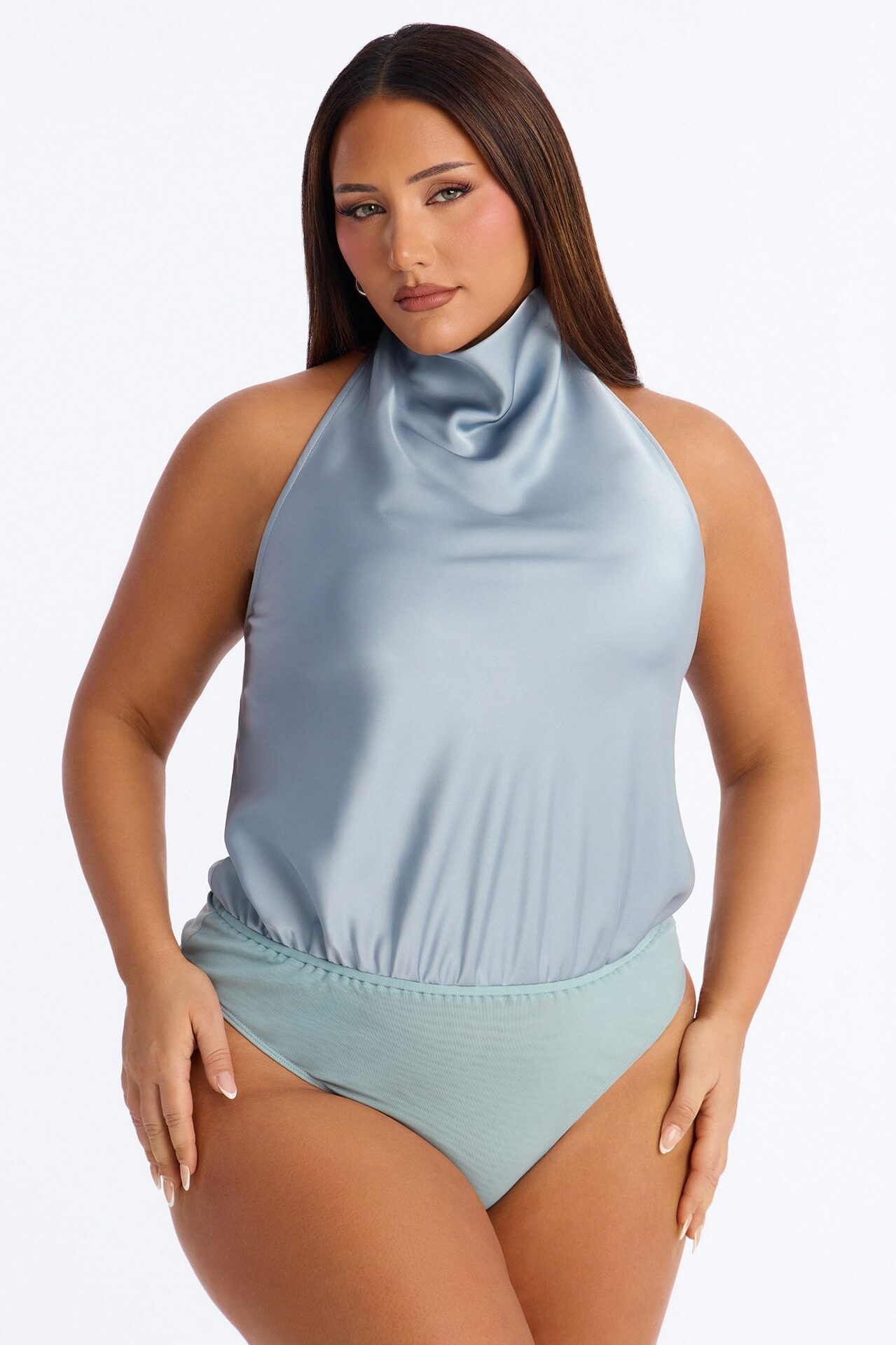 Isabelle Satin Halter Bodysuit 3 Piece Pant Set - Slate Blue