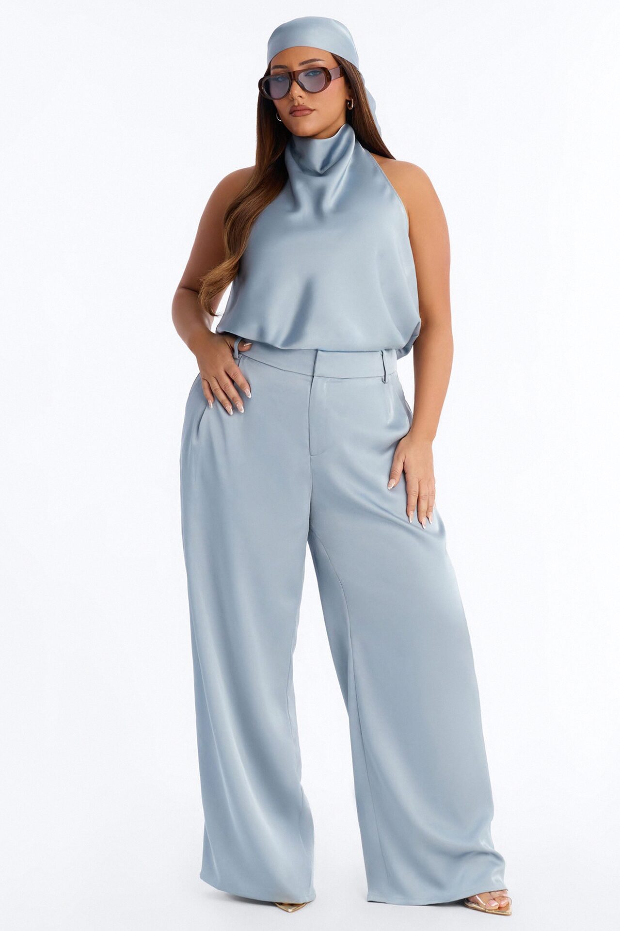 Isabelle Satin Halter Bodysuit 3 Piece Pant Set - Slate Blue