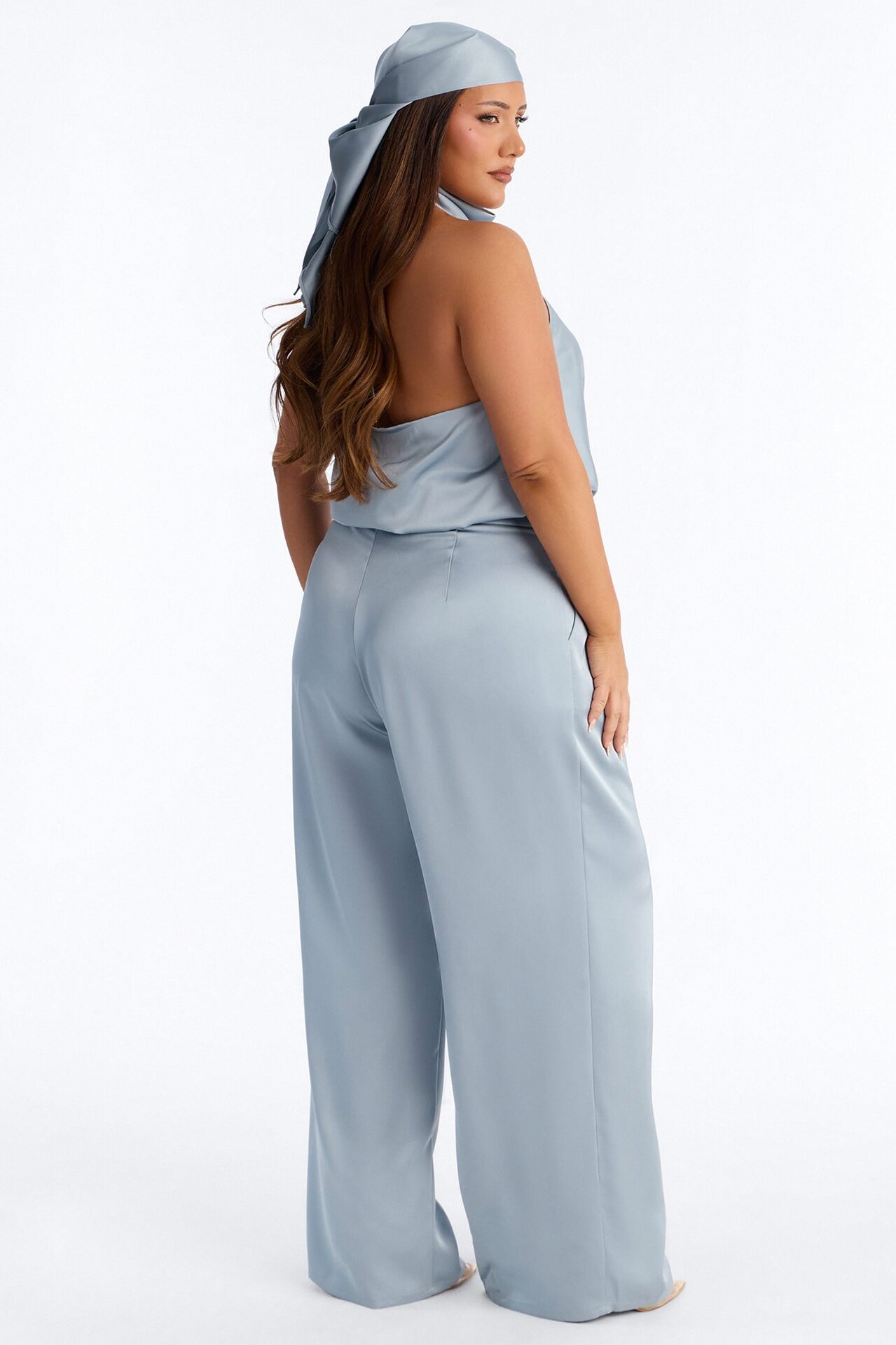 Isabelle Satin Halter Bodysuit 3 Piece Pant Set - Slate Blue