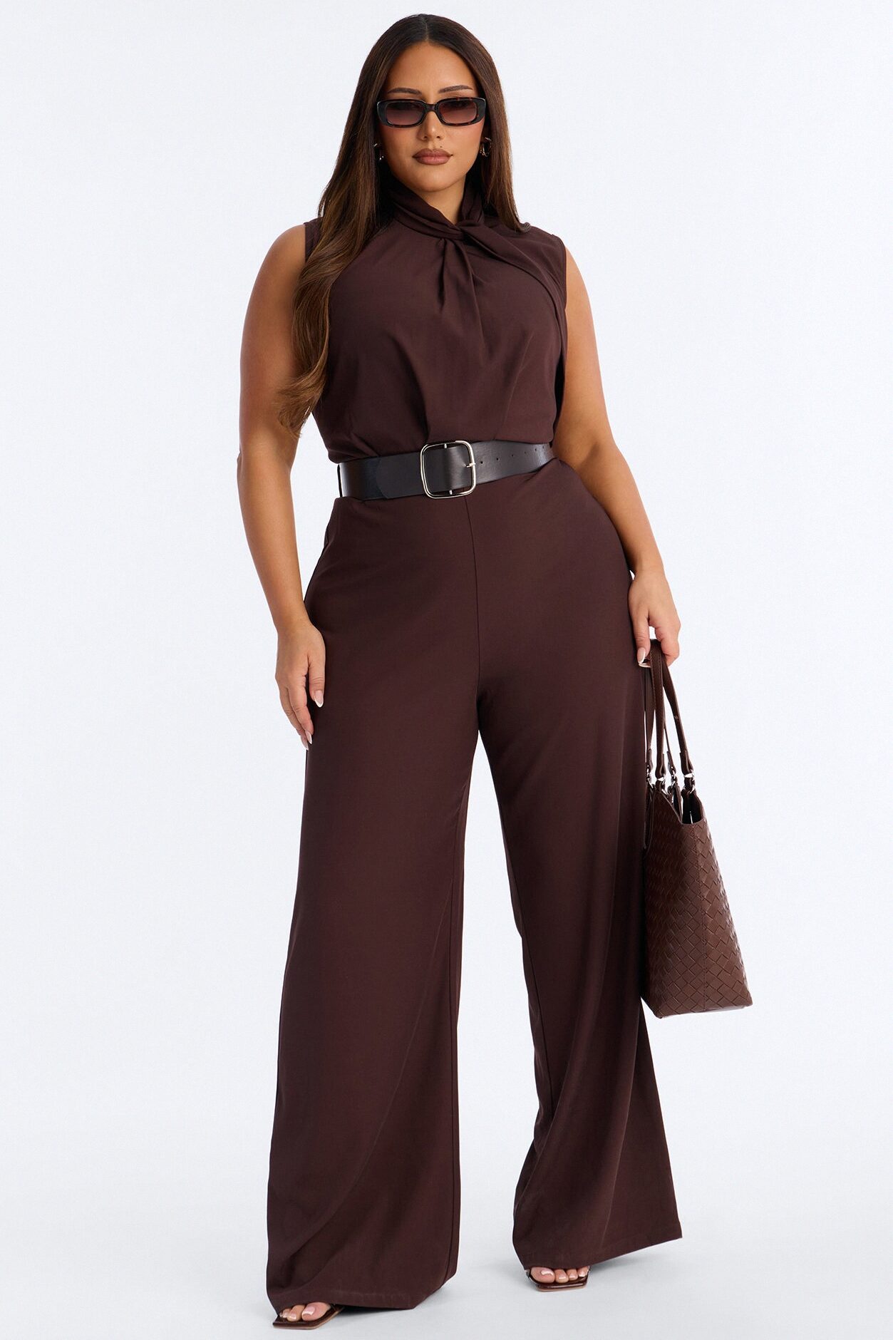 Sienna Belted Wide Leg Jumpsuit - Chocolate