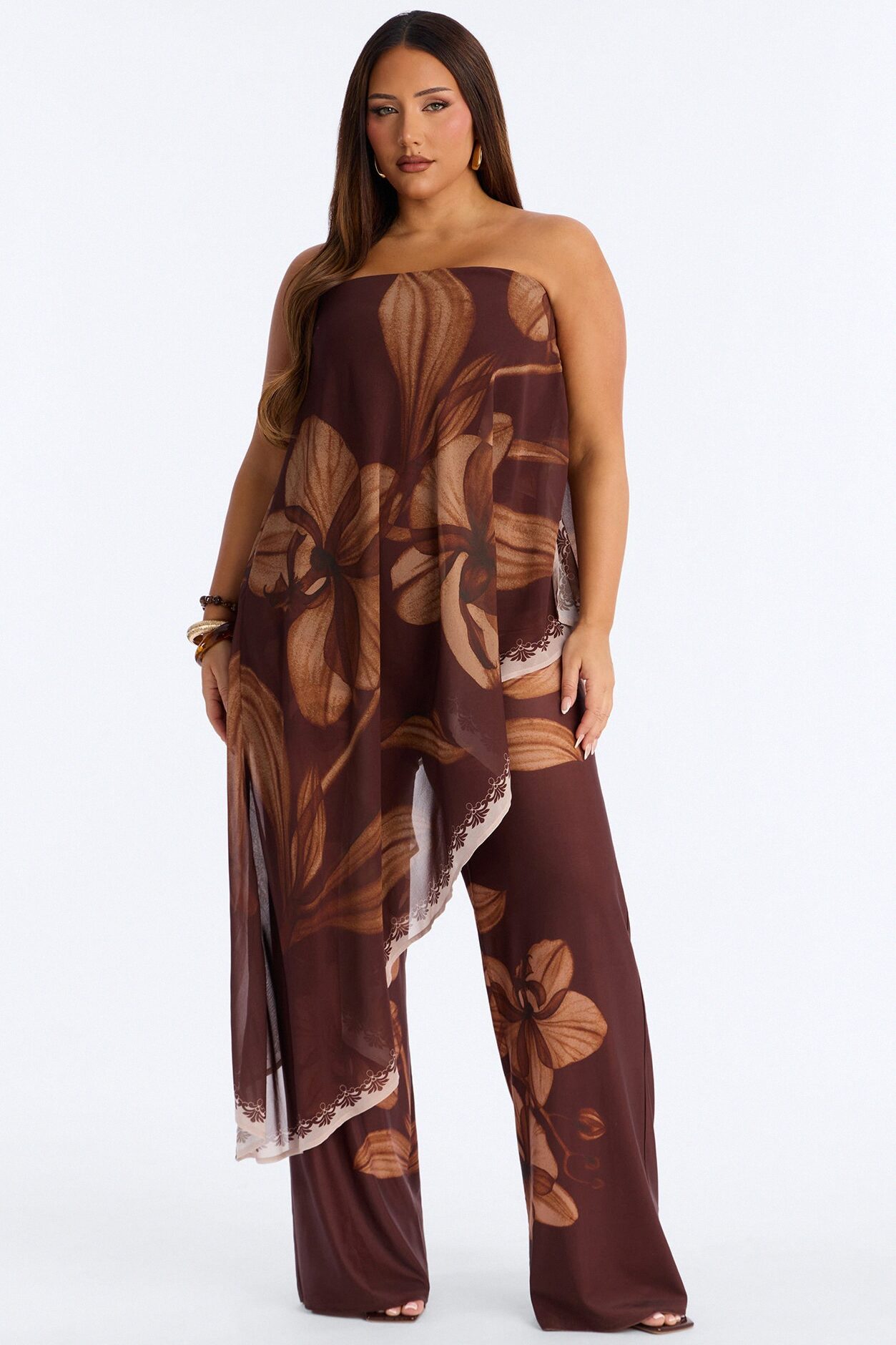 Island Time Asymmetrical Floral Wide Leg Jumpsuit - Brown/combo