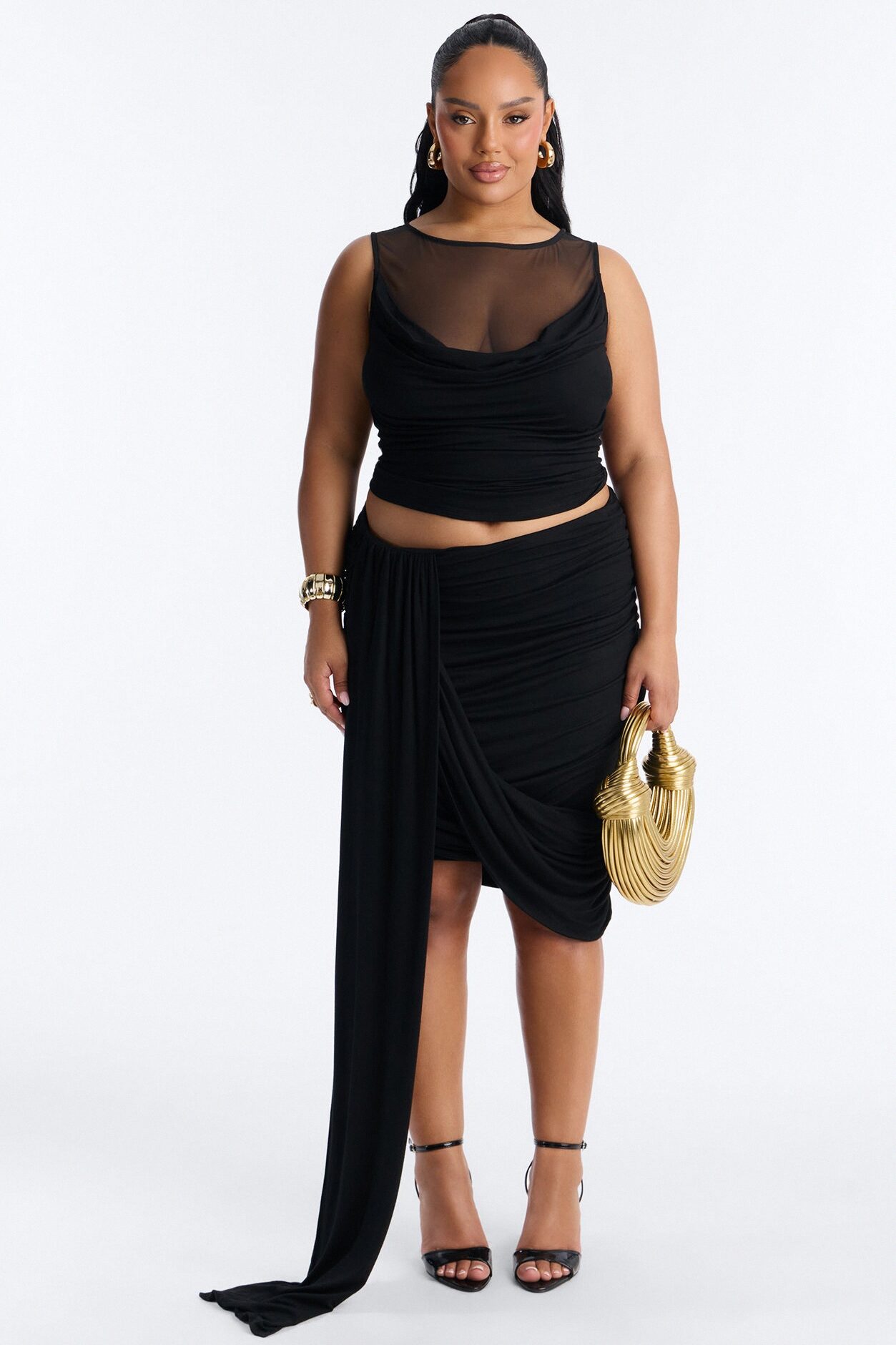 Effortless Edge Draped Midi Skirt - Black