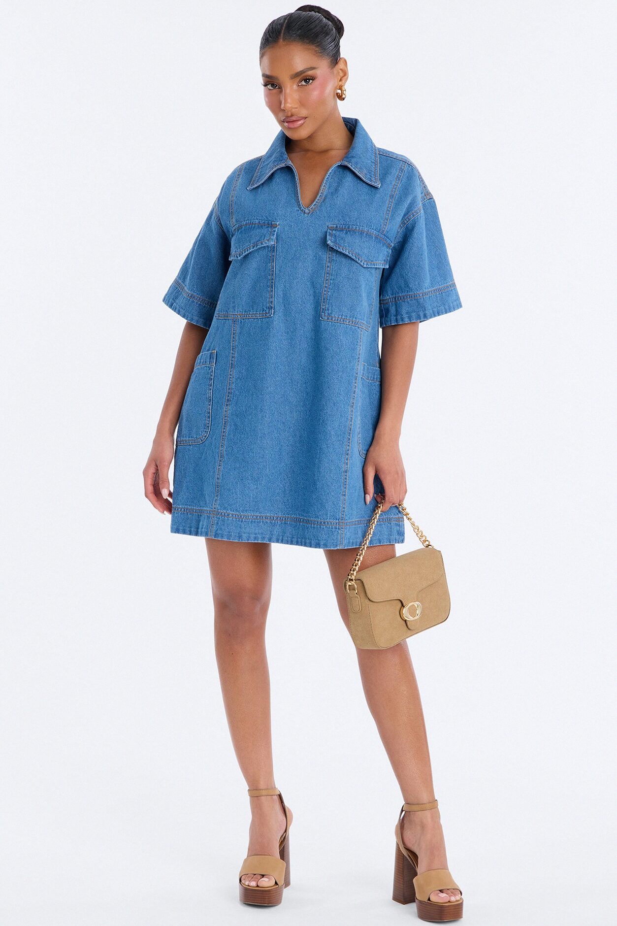 Solana Short Sleeve Denim Mini Dress - Medium Wash