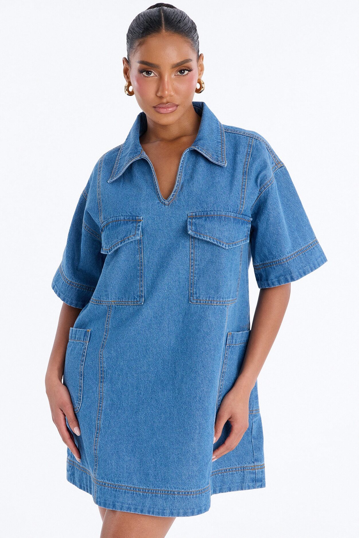Solana Short Sleeve Denim Mini Dress - Medium Wash