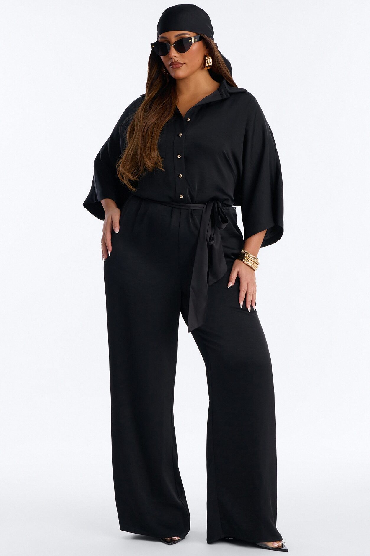 Angelina Satin 2 Piece Jumpsuit Set - Black