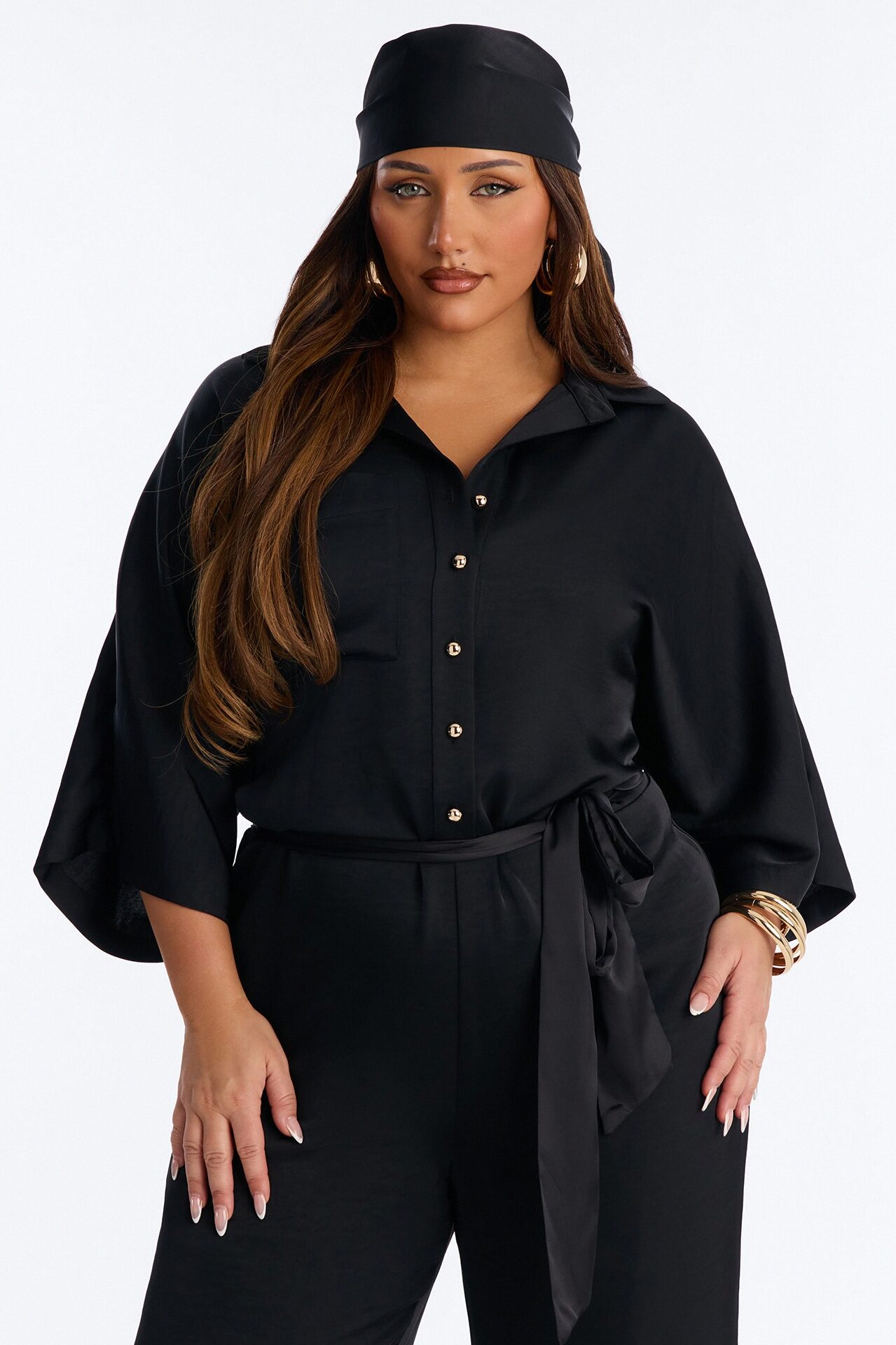Angelina Satin 2 Piece Jumpsuit Set - Black