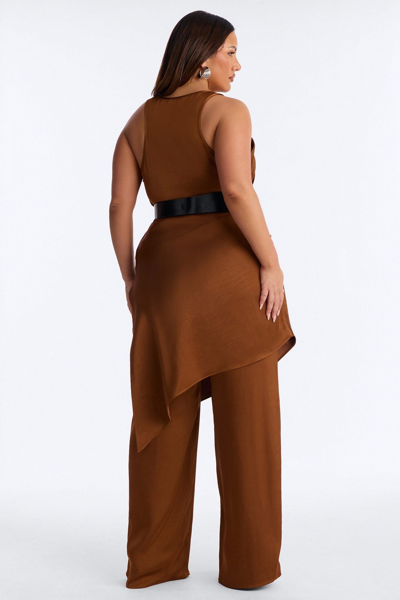 Oh So Chic Belted 3 Piece Satin Pant Set - Bronze