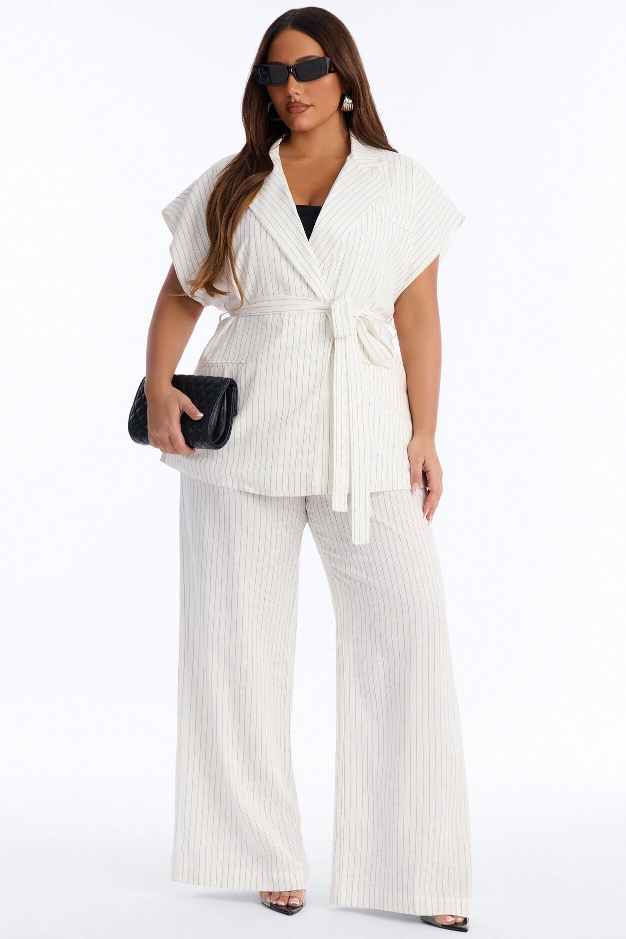 Juno Pinstripe Short Sleeve Tie Waist Linen Blazer - Ivory/combo