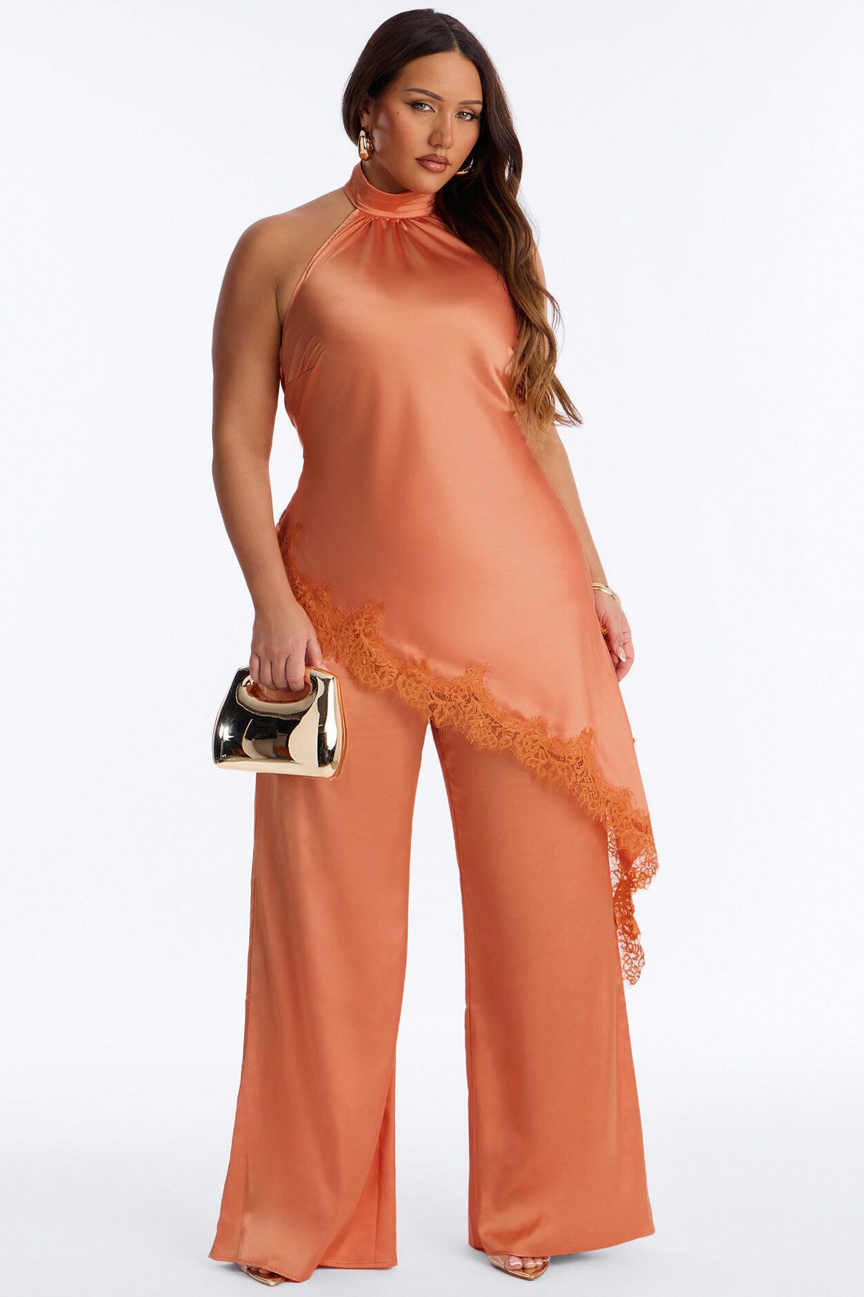 Angela Satin Lace Trim Pant Set - Orange