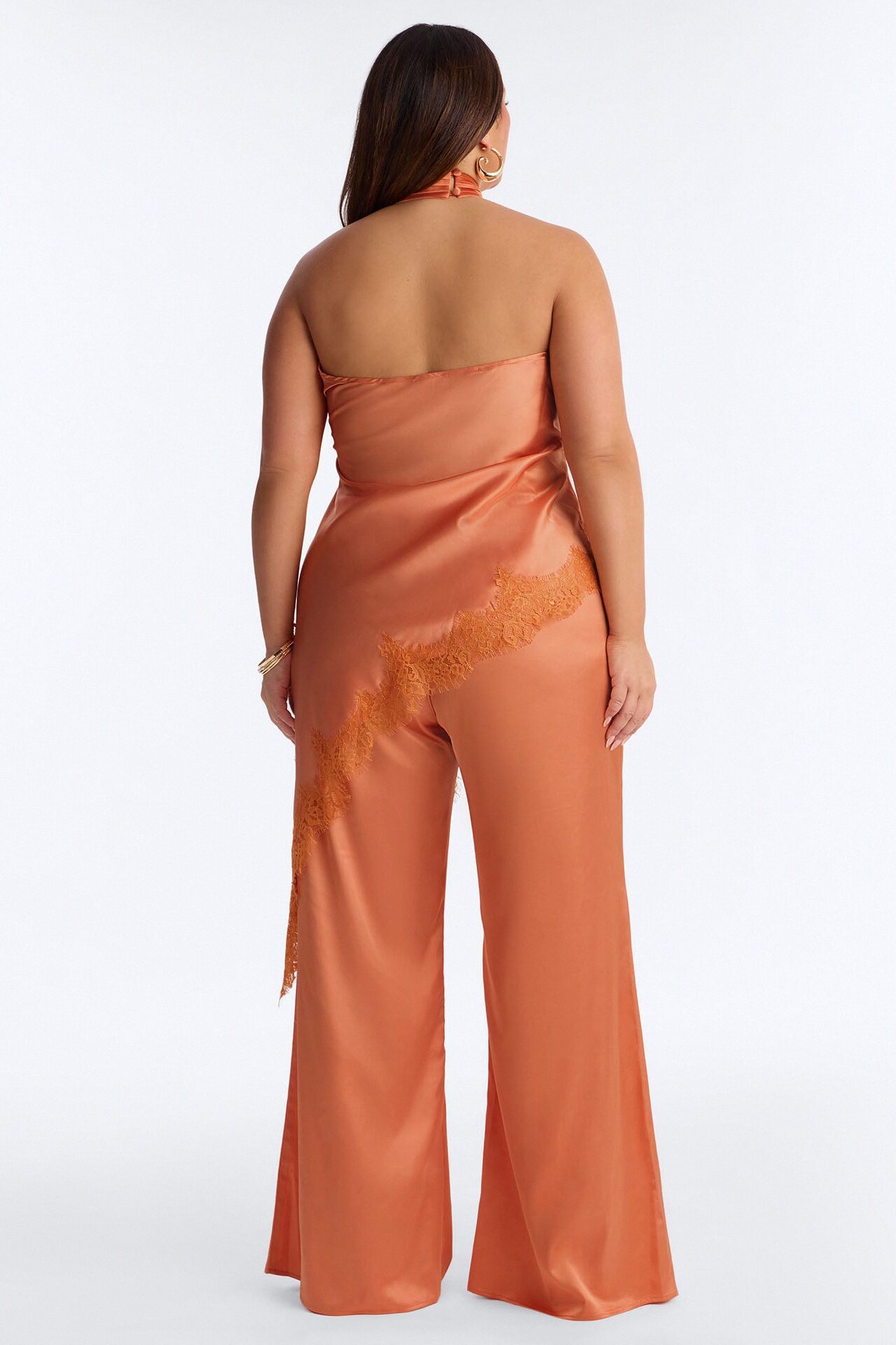 Angela Satin Lace Trim Pant Set - Orange