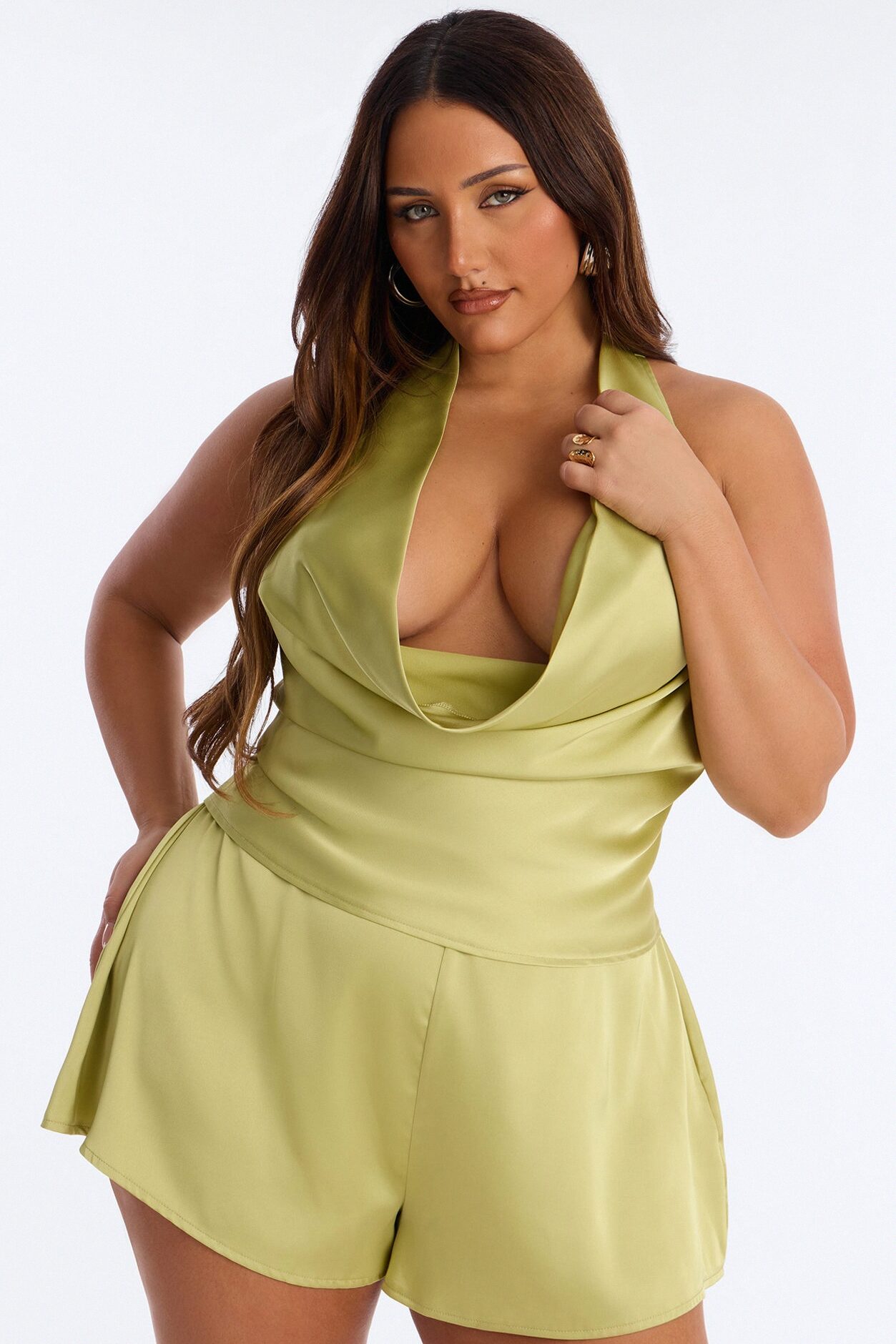 Coming Over Satin Halter Short Set - Green