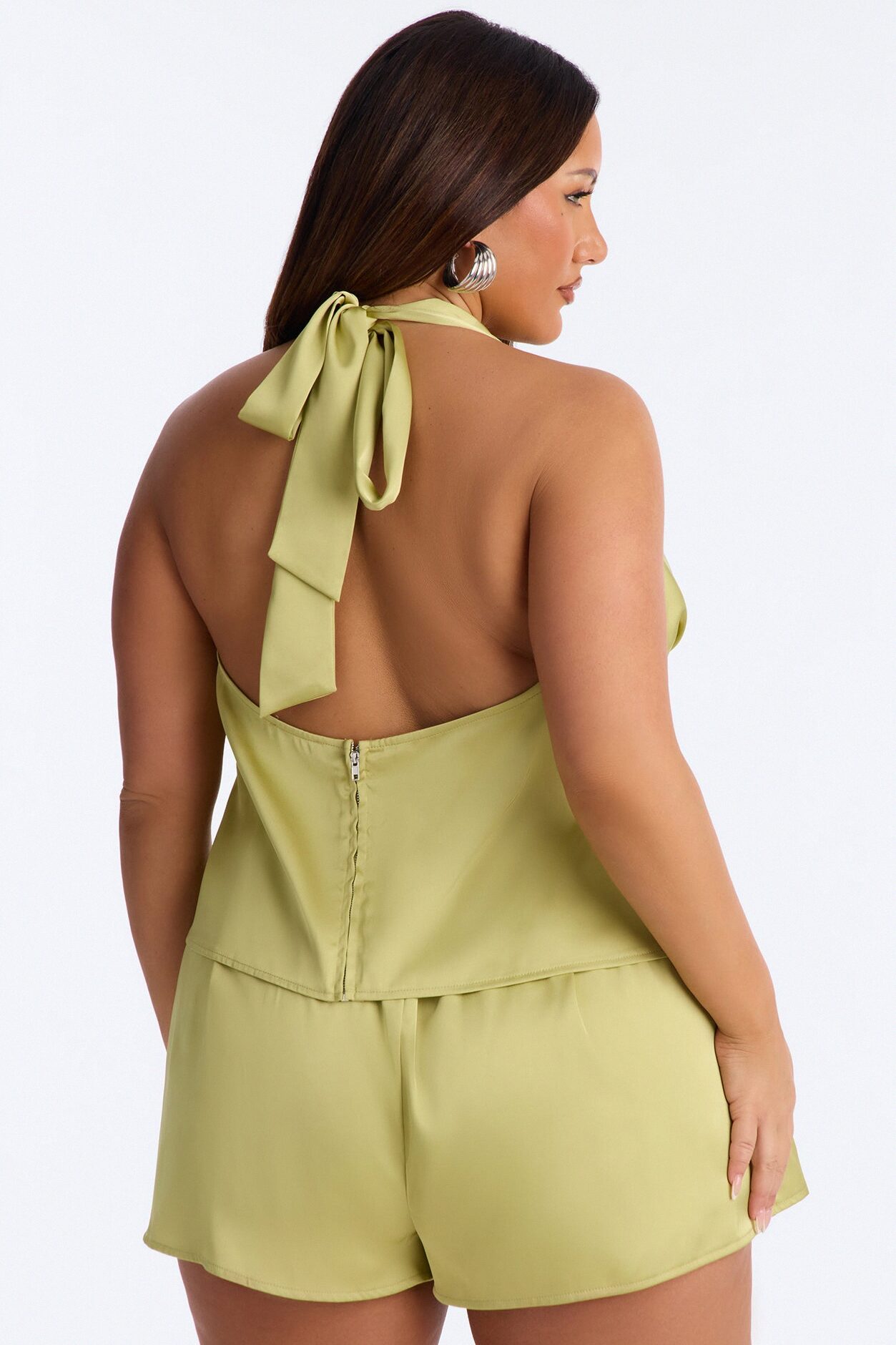 Coming Over Satin Halter Short Set - Green