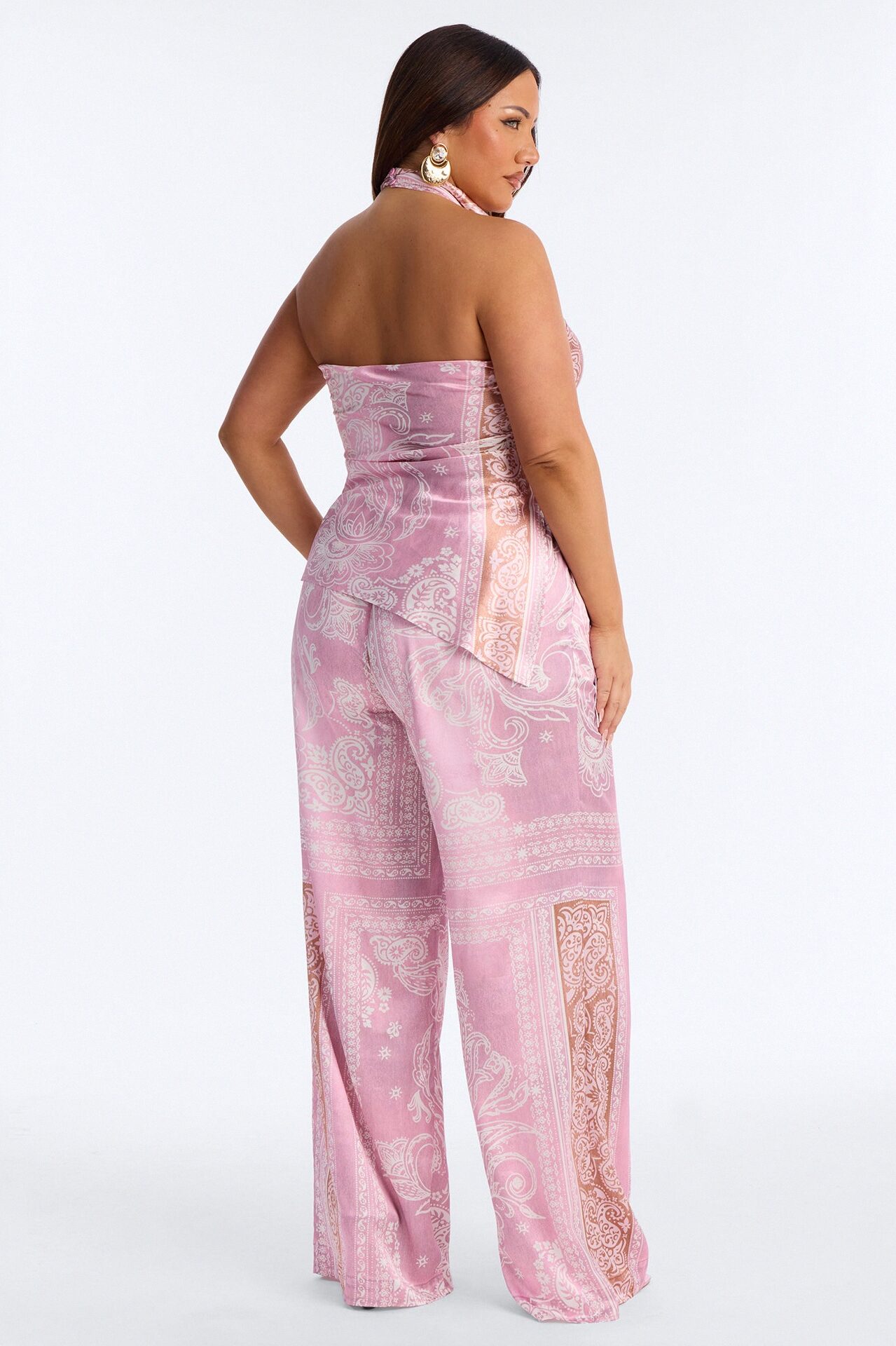 So Classy Hi Neck Paisley Satin Pant Set - Pink
