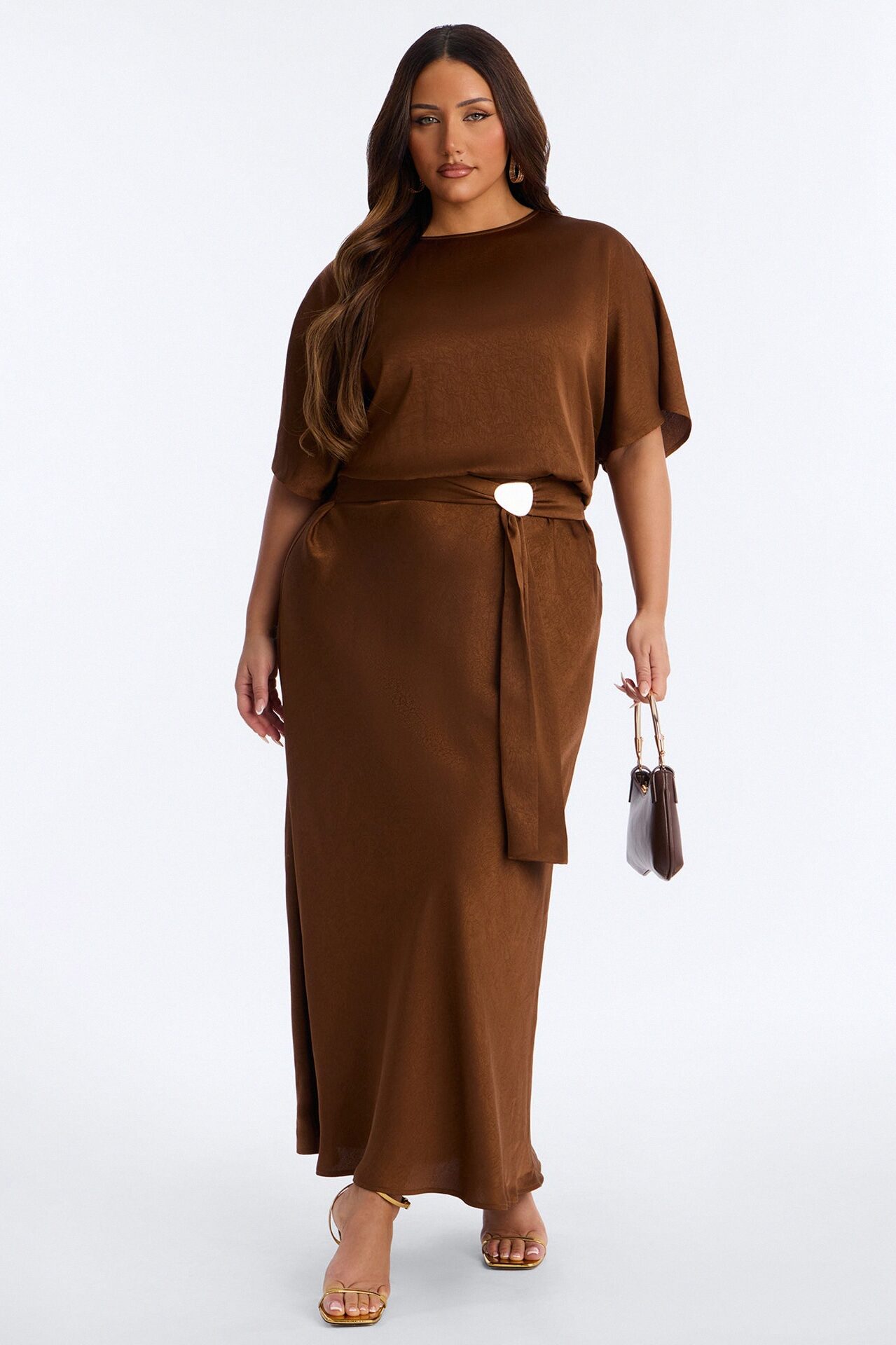 Golden Hour Short Sleeve Satin Maxi Dress - Chocolate