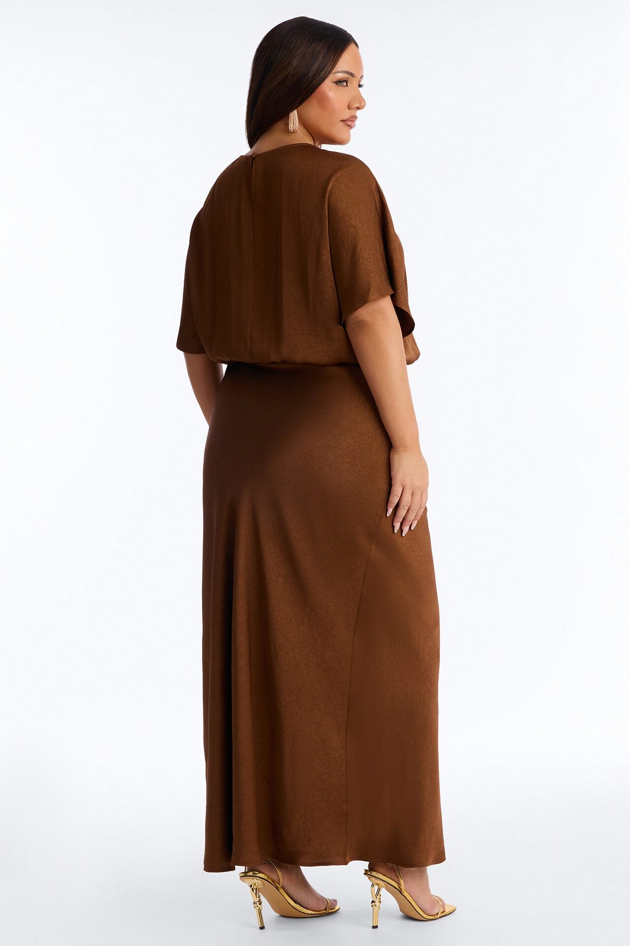 Golden Hour Short Sleeve Satin Maxi Dress - Chocolate