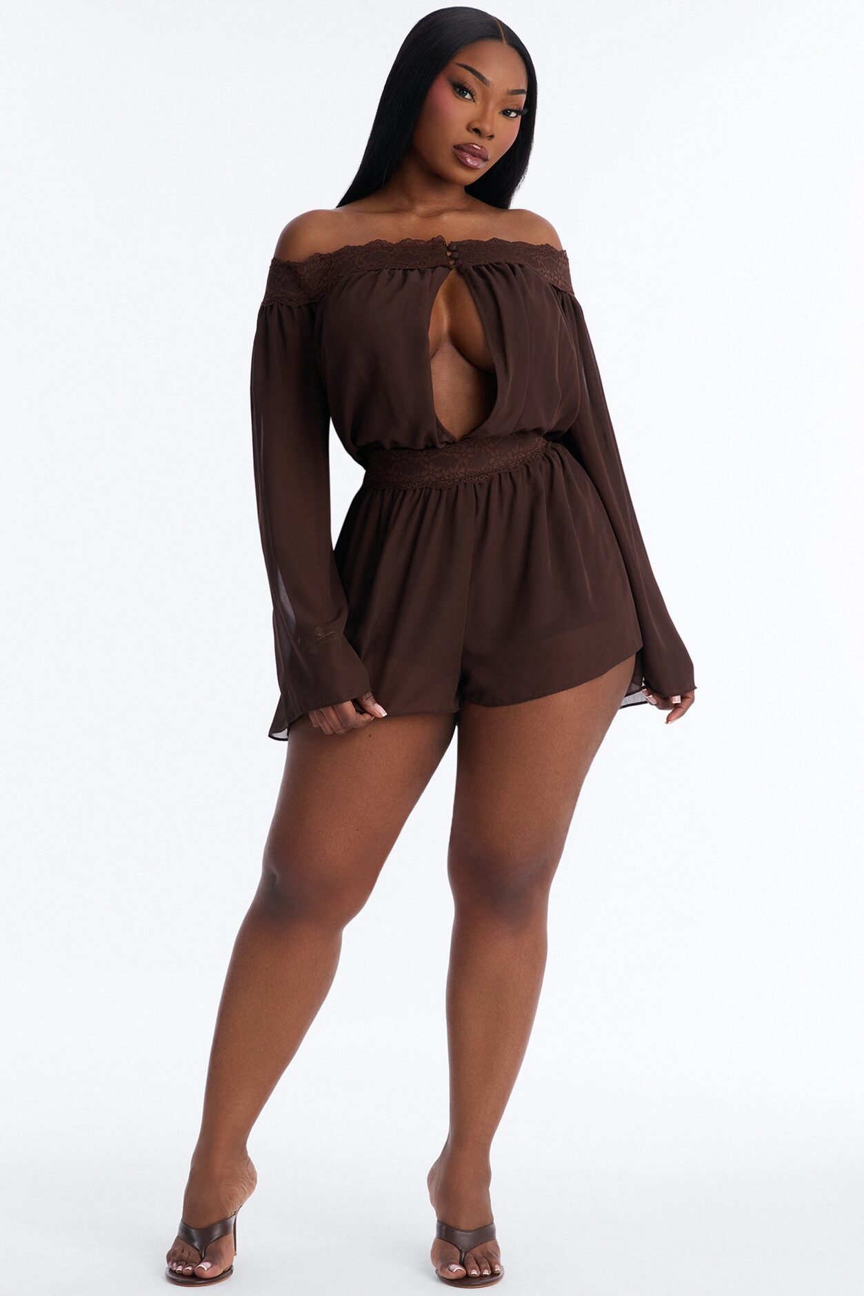 Cecilia Chiffon Off Shoulder Lace Romper - Chocolate