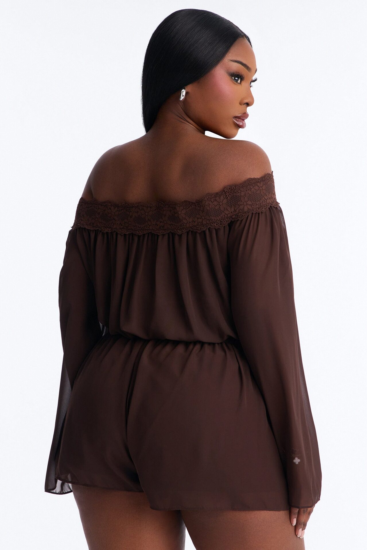 Cecilia Chiffon Off Shoulder Lace Romper - Chocolate